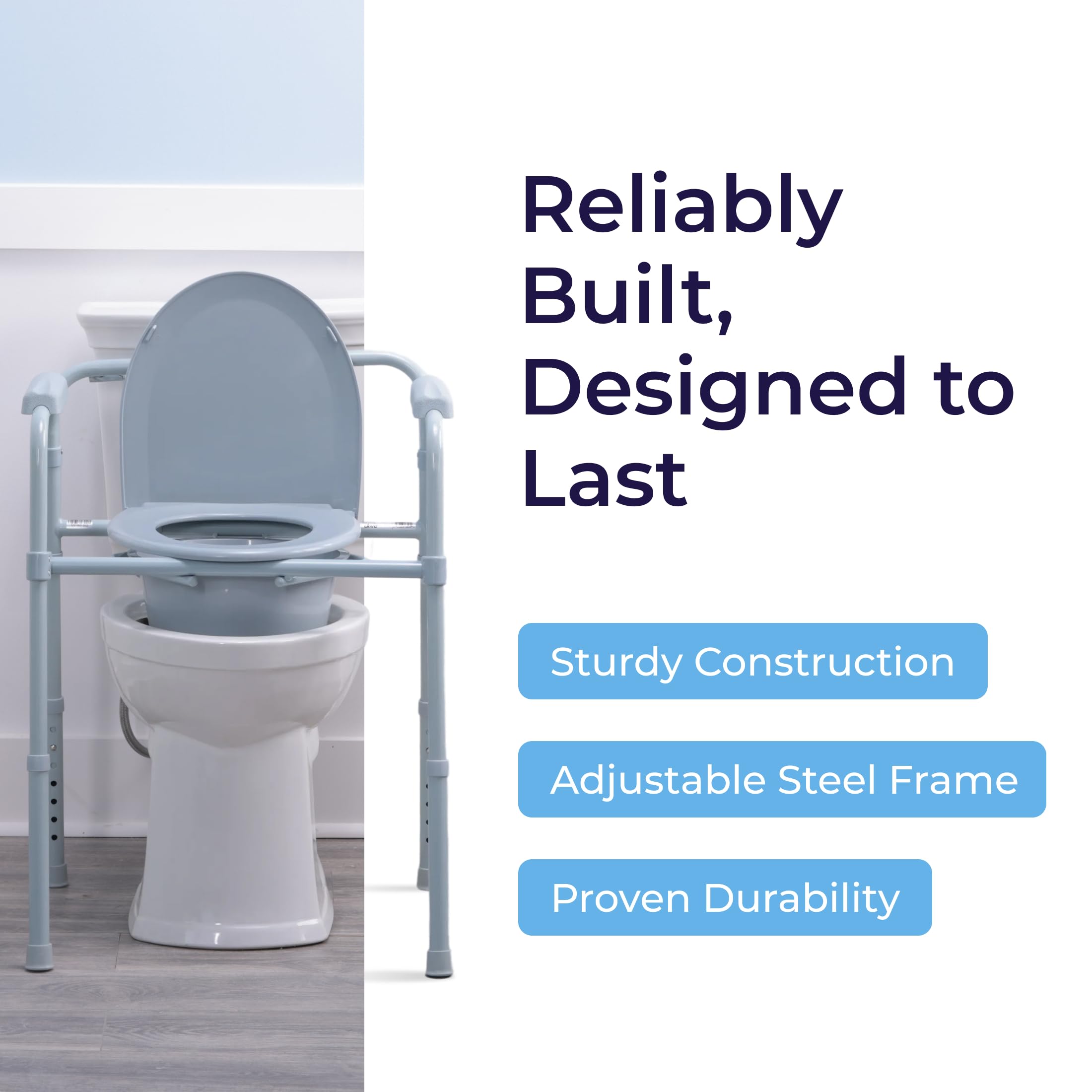 Drive Medical Folding Steel Bedside Commode Chair - 3-in-1 Portable Toilet Solution - Adjustable Height - 7. 5 Qt Bucket - Powder-Coated Steel - Supports up to 350 lb detail image 5