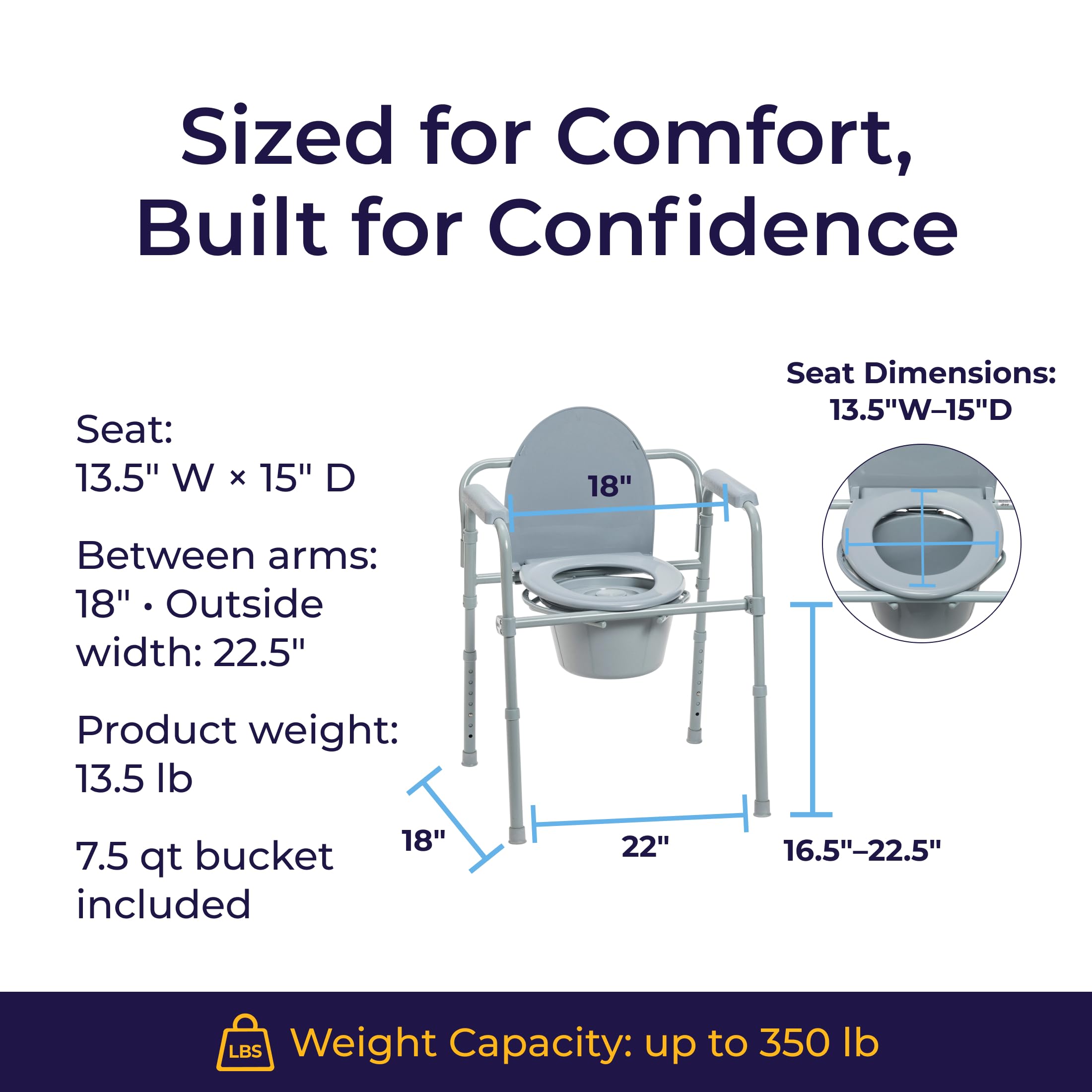 Drive Medical Folding Steel Bedside Commode Chair - 3-in-1 Portable Toilet Solution - Adjustable Height - 7. 5 Qt Bucket - Powder-Coated Steel - Supports up to 350 lb detail image 7