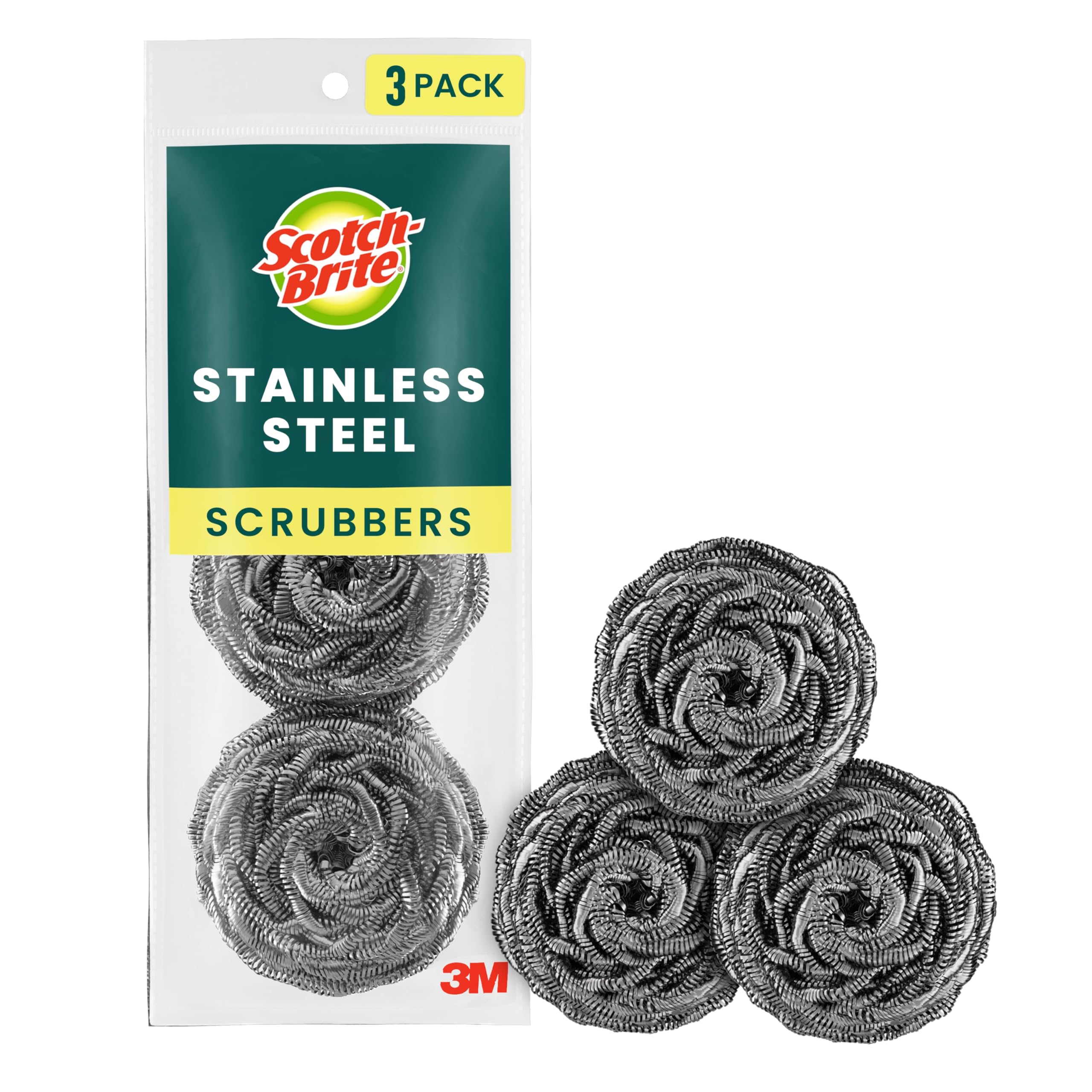 Scotch-Brite Stainless Steel Scrubbers, Scouring Pads for Cleaning Tough Baked-On Messes, Metal Scrubbers for Cleaning Dishes, 3 Scrub Pads detail image 1
