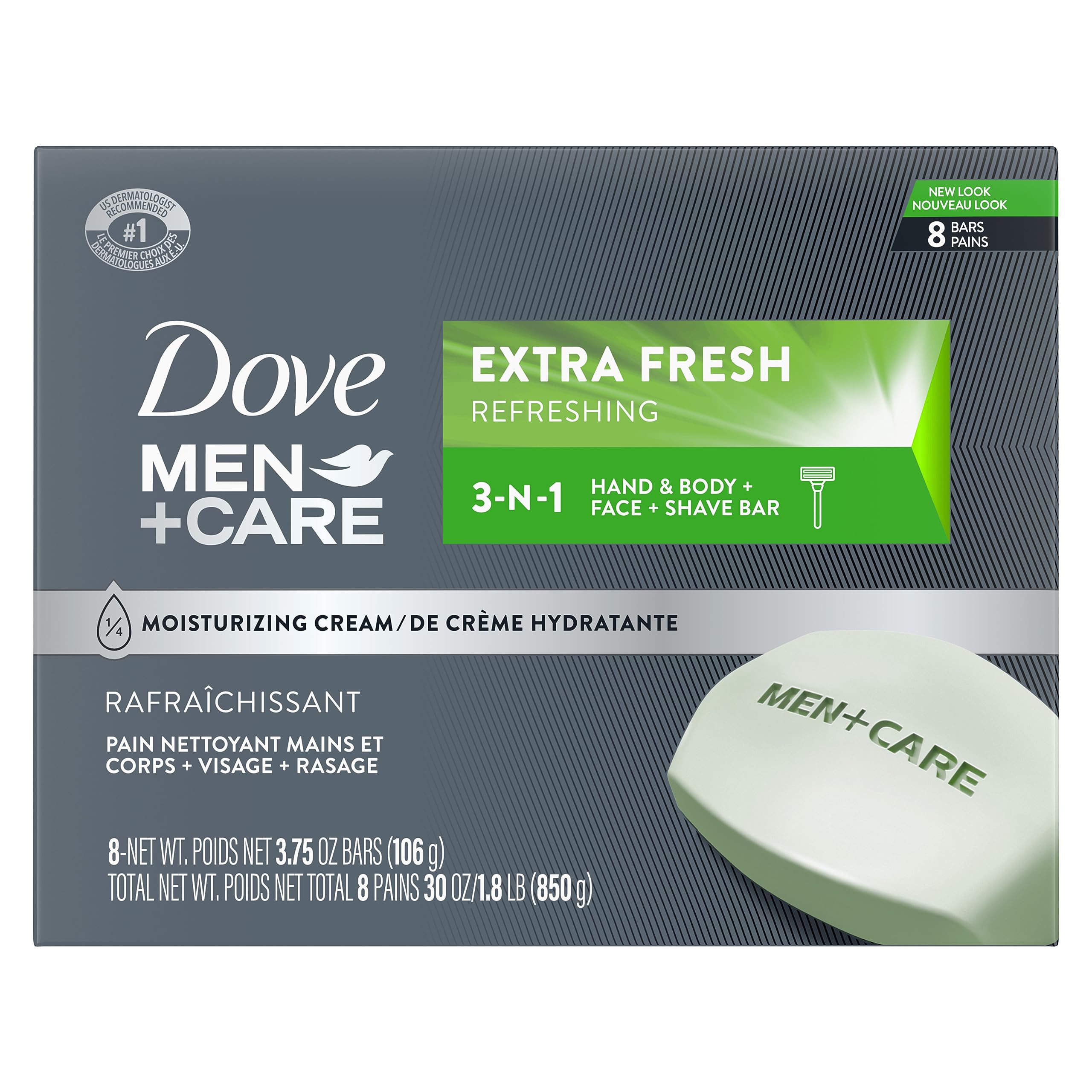 Dove Men+Care 3-in-1 Bar Cleanser for Body, Face & Shaving, Extra Fresh, 3. 75 oz (Pack of 8) detail image 1
