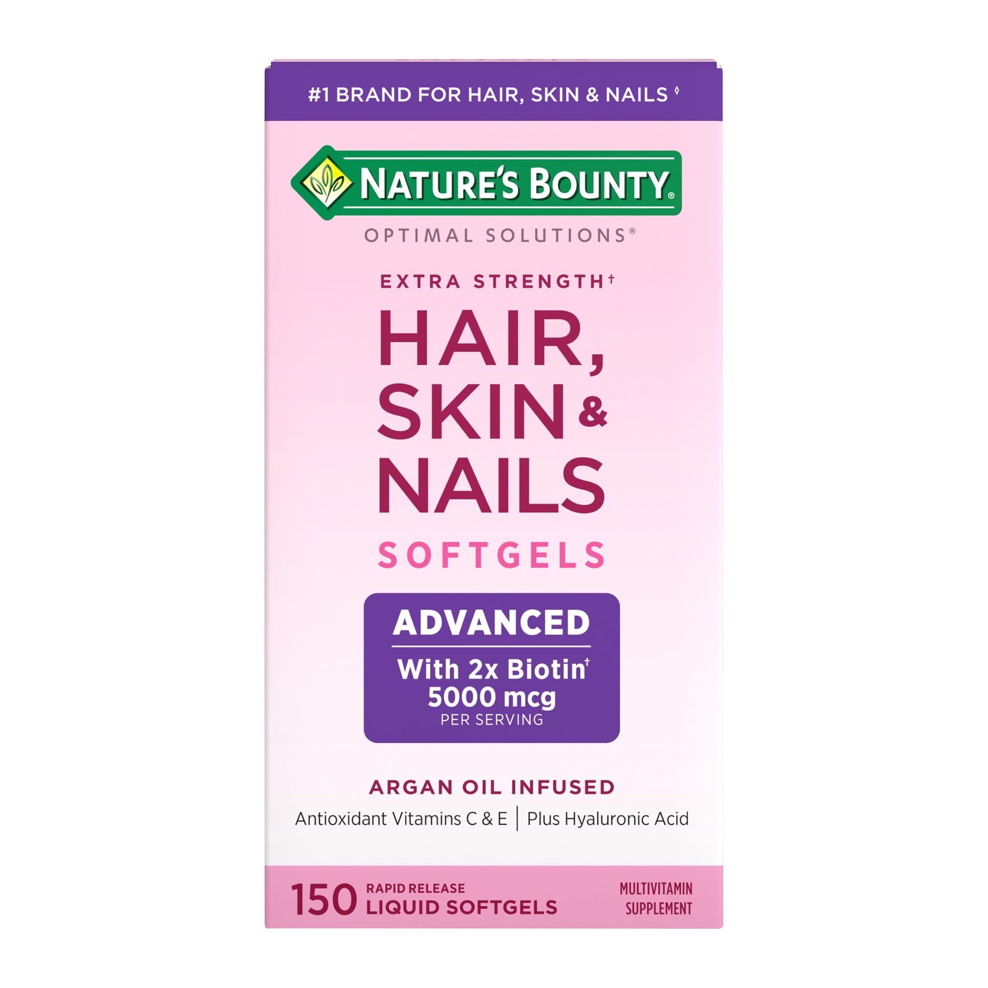 Nature's Bounty Advanced Hair, Skin & Nails, Argan-Infused Vitamin Supplement with Biotin and Hyaluronic Acid, 150 Rapid Release Softgels, 50 Total Servings detail image 1