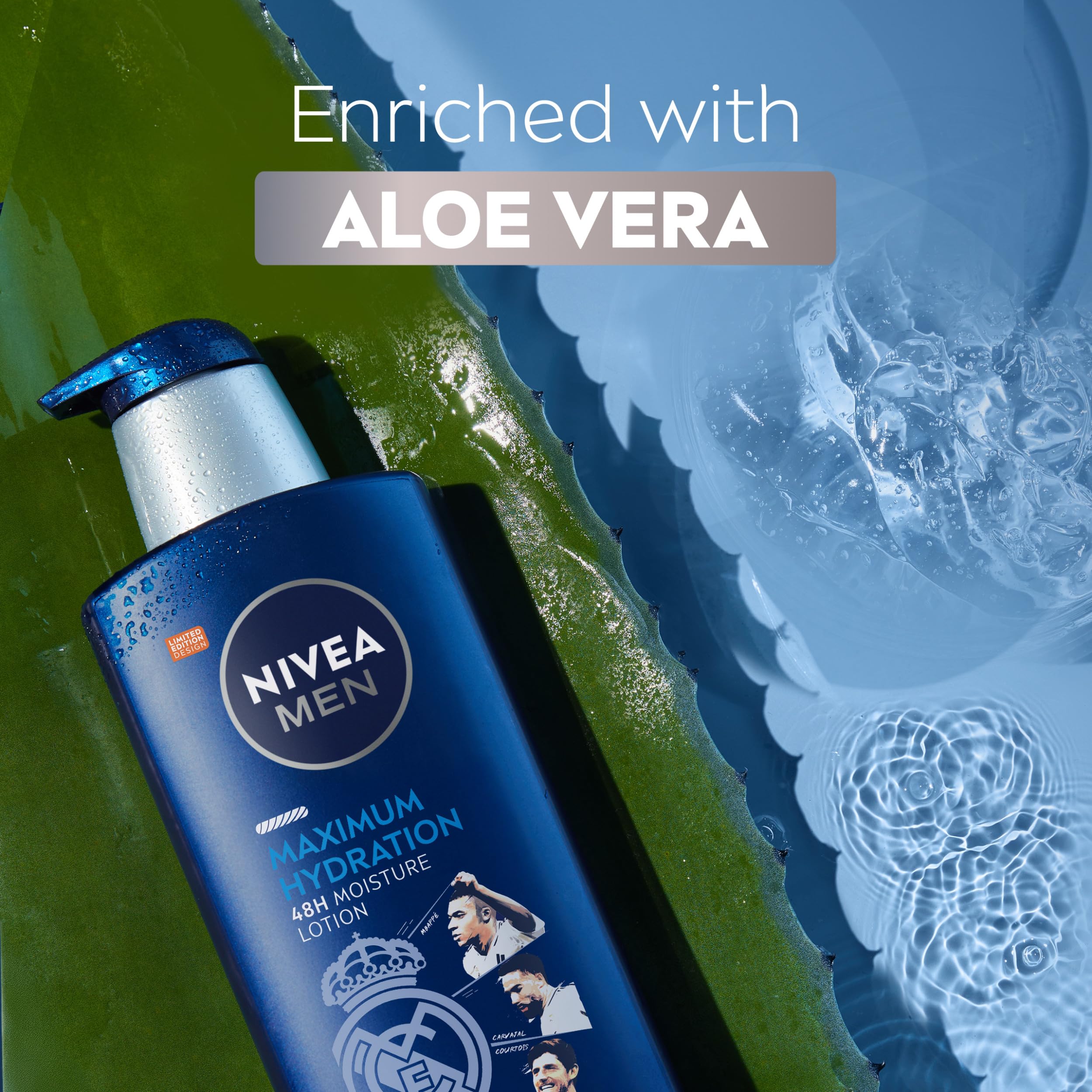 NIVEA MEN Real Madrid Limited Edition Design Maximum Hydration 48-Hour Moisture Body Lotion for Dry Skin, Aloe Vera Lotion for Men, 3-in-1 Body, Face and Hands, 16. 9 Fl Oz Bottle detail image 5