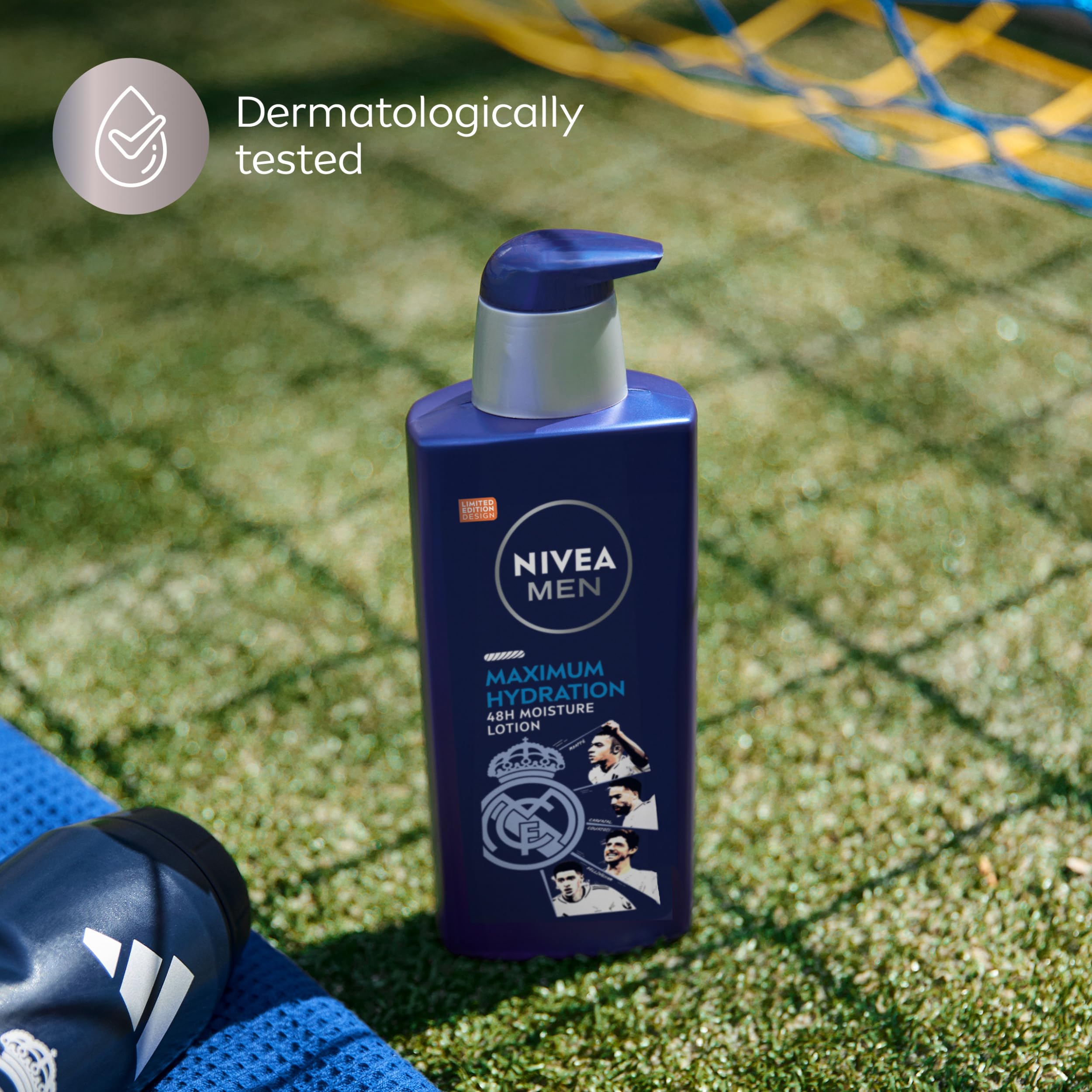 NIVEA MEN Real Madrid Limited Edition Design Maximum Hydration 48-Hour Moisture Body Lotion for Dry Skin, Aloe Vera Lotion for Men, 3-in-1 Body, Face and Hands, 16. 9 Fl Oz Bottle detail image 7