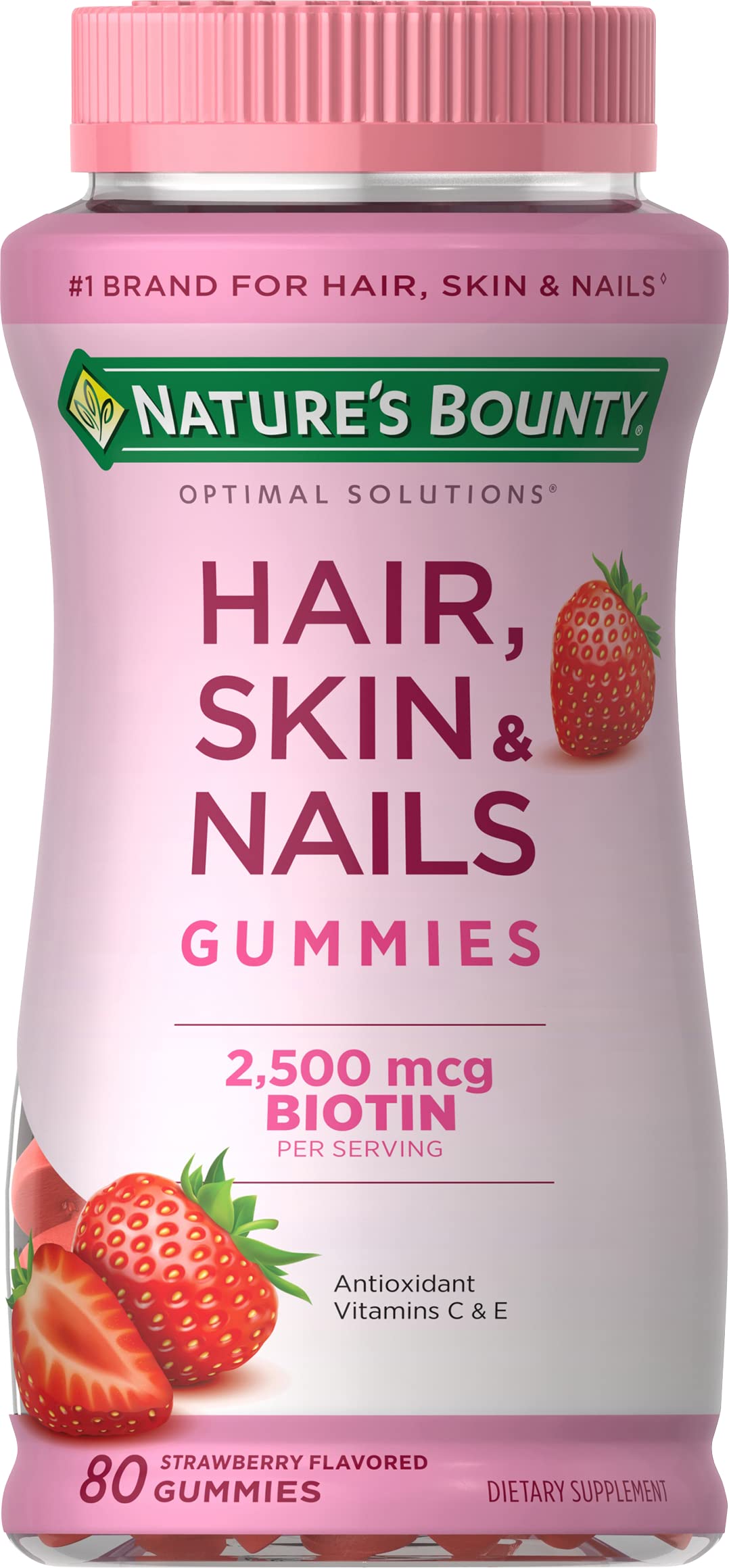 Nature's Bounty Optimal Solutions Hair, Skin & Nails Vitamin Gummies with Biotin, 2500 mcg, Strawberry, 80 Count (40 Servings) detail image 1