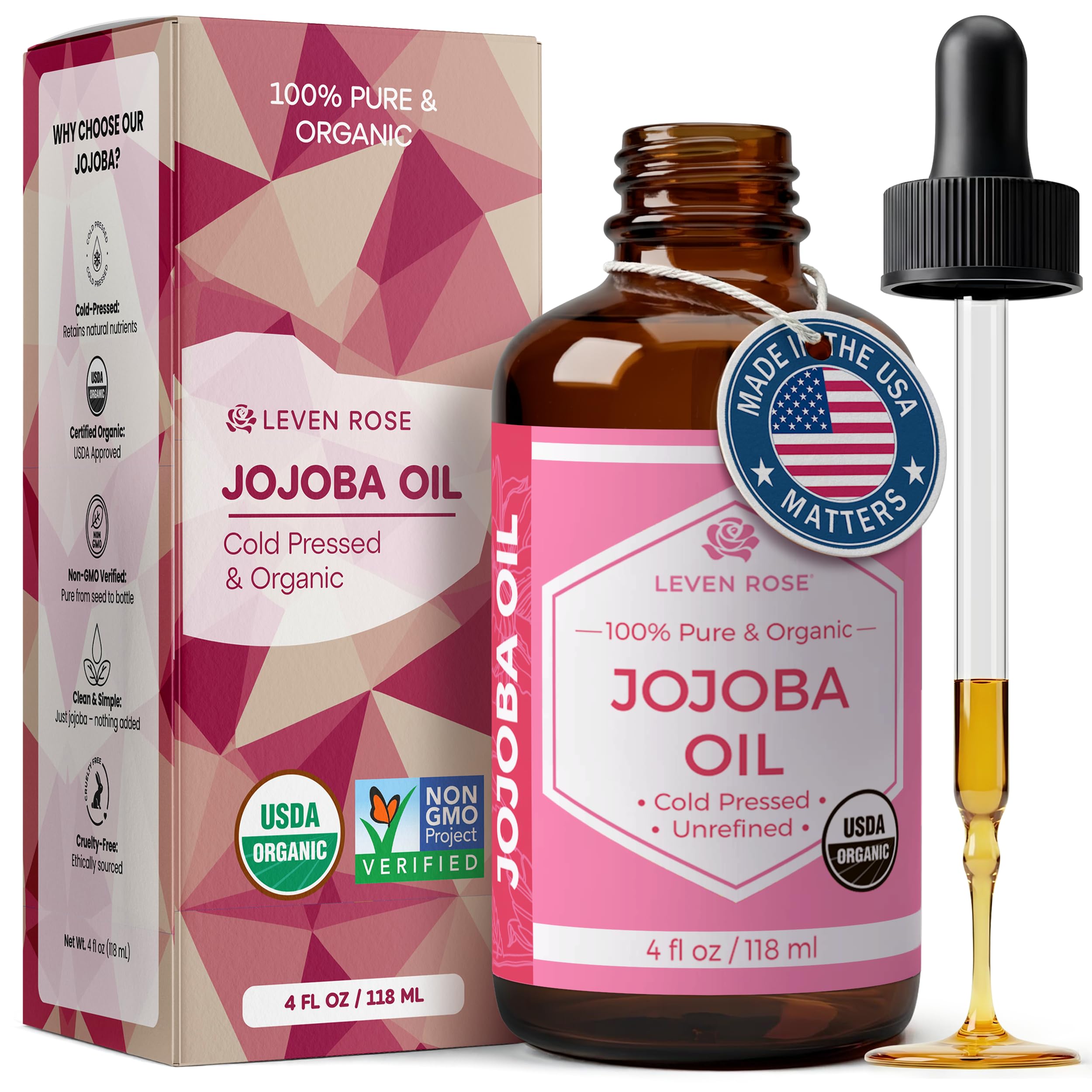 Leven Rose Jojoba Oil Organic Cold Pressed for Skin, Hair & Nails, 4 oz detail image 1