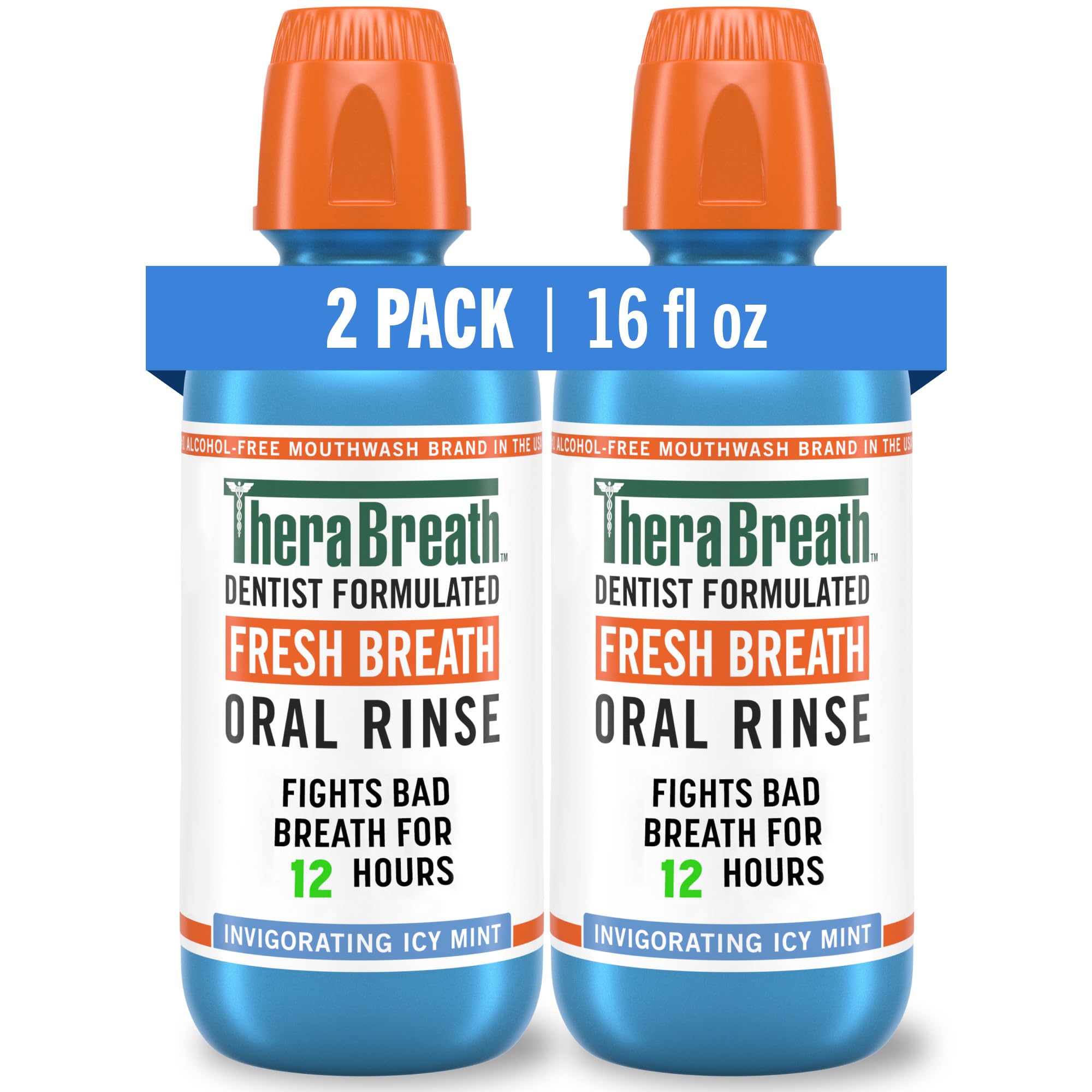 TheraBreath Fresh Breath Mouthwash, Icy Mint Flavor, Alcohol-Free, 16 Fl Oz (Pack of 2) detail image 1