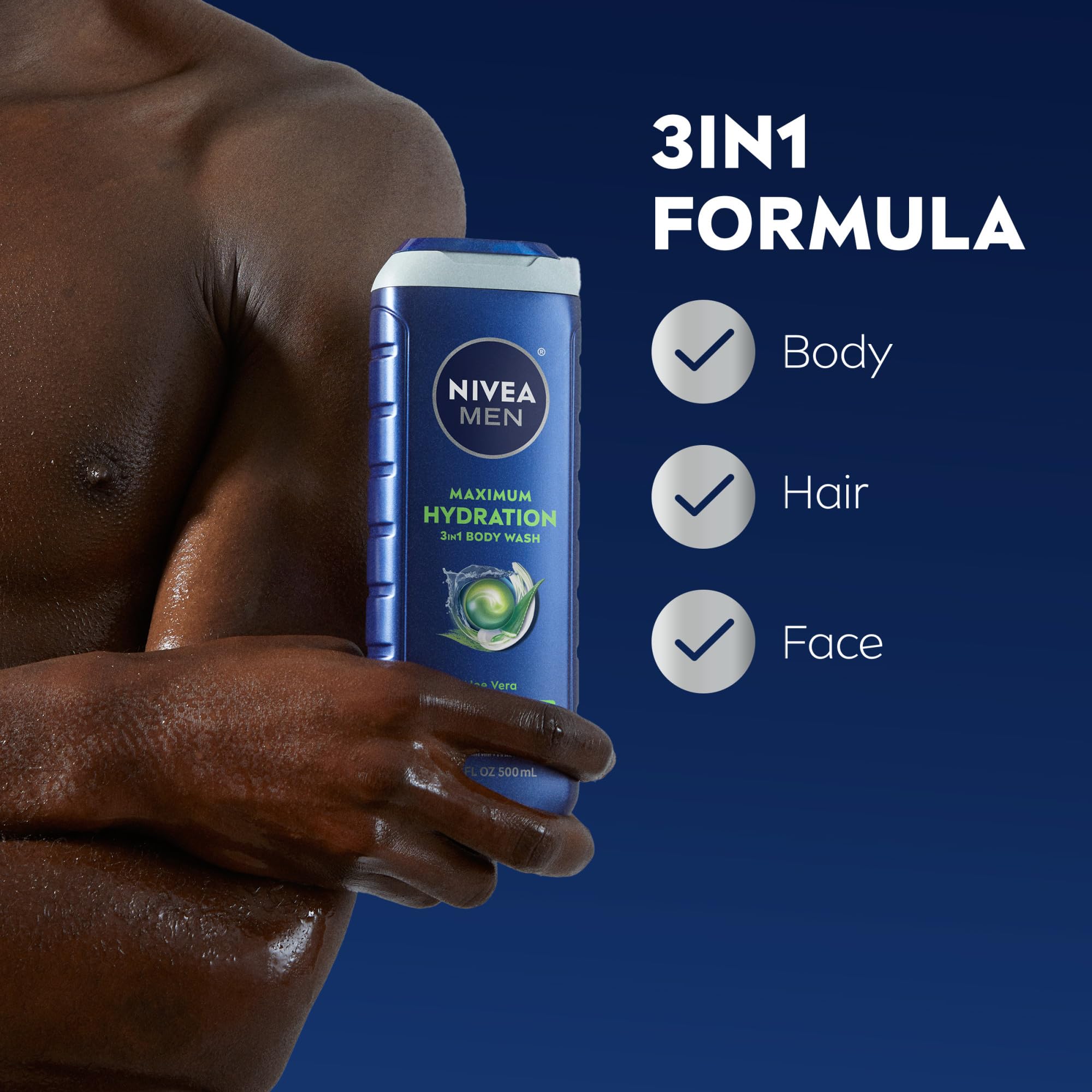 NIVEA MEN Maximum Hydration 3-in-1 Body Wash with Aloe Vera, Paraben-Free, Vegan, 16. 9 fl oz (Pack of 3) detail image 3