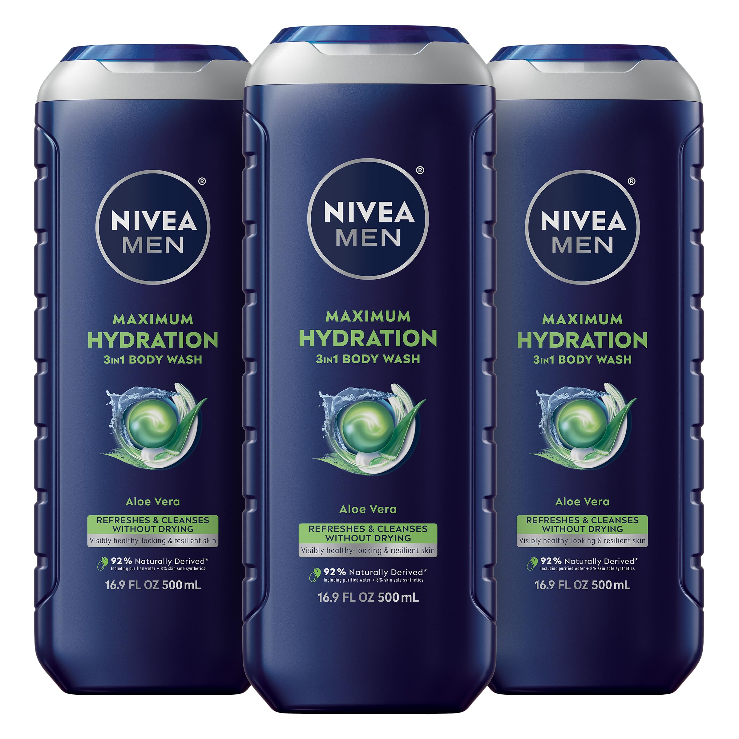 NIVEA MEN Maximum Hydration 3-in-1 Body Wash with Aloe Vera, Paraben-Free, Vegan, 16. 9 fl oz (Pack of 3) detail image 1