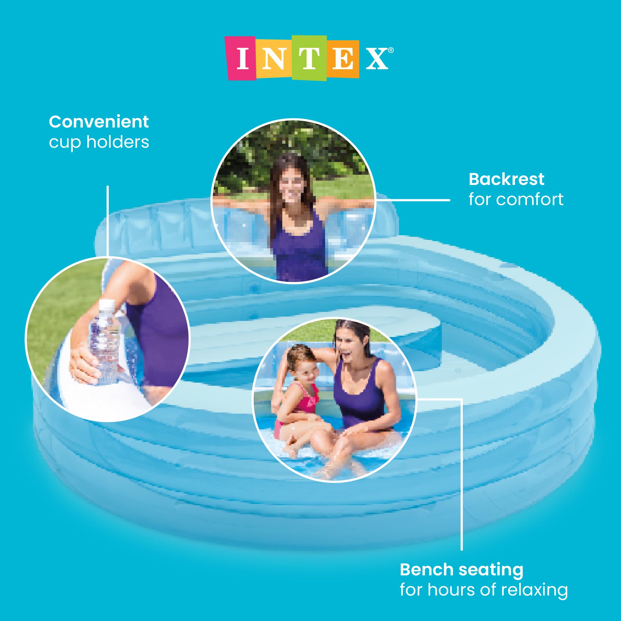 INTEX 57190EP Swim Center Inflatable Family Lounge Pool: Built-In Bench – Cup Holder – 156 Gallon Capacity – 90" x 86" x 31" – Blue detail image 3