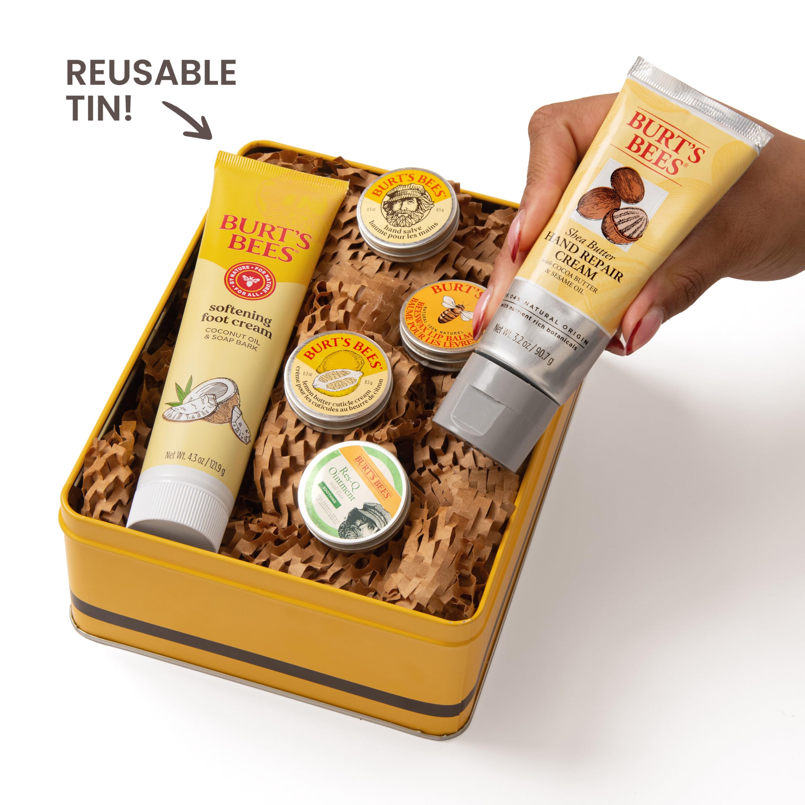 Burt's Bees Classics Gift Set – 6-Piece Tin (Cuticle Cream, Hand Salve, Lip Balm, Res-Q Ointment, Hand Repair, Coconut Foot Cream) detail image 4