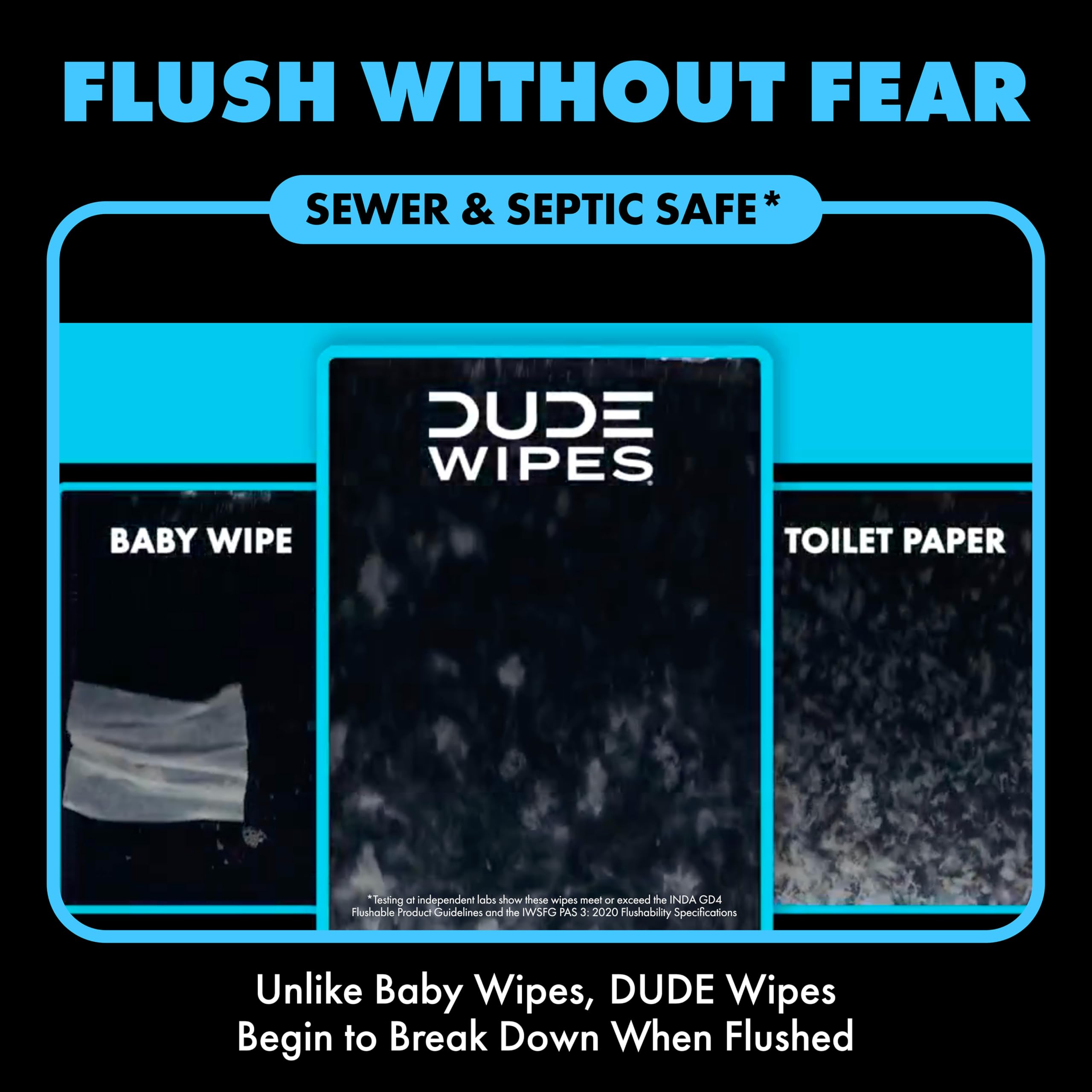 DUDE Wipes Unscented Adult Flushable Wet Wipes, Sensitive Skin, 288 Count | 6 packs of 48 extra large flushable butt wipes. Hypoallergenic plastic-free wipes. 99% water, vitamin E, aloe. Septic safe. detail image 4