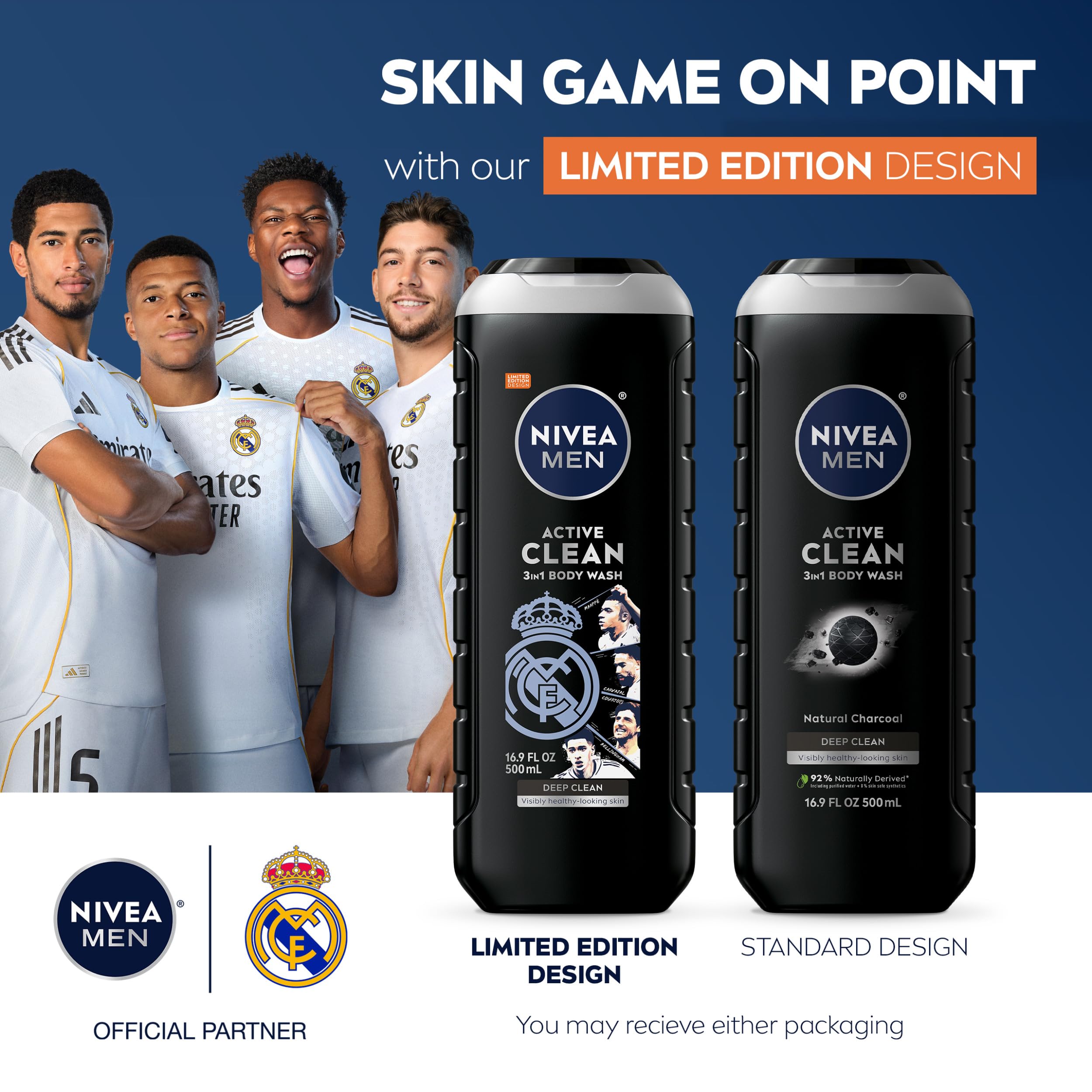 NIVEA MEN Real Madrid Limited Edition Active Clean Charcoal Body Wash, 3-in-1 for Face, Hair & Body, 16. 9 fl oz (Pack of 3) detail image 2