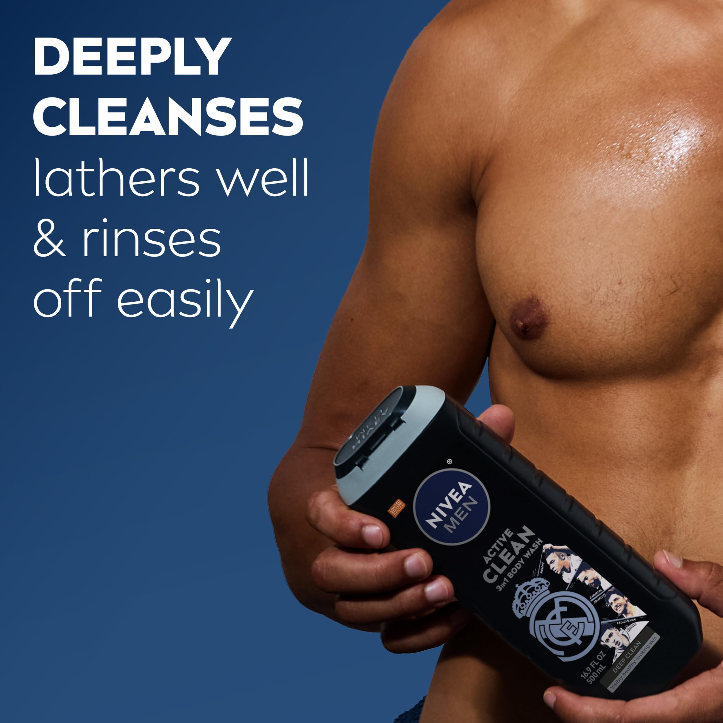 NIVEA MEN Real Madrid Limited Edition Active Clean Charcoal Body Wash, 3-in-1 for Face, Hair & Body, 16. 9 fl oz (Pack of 3) detail image 6