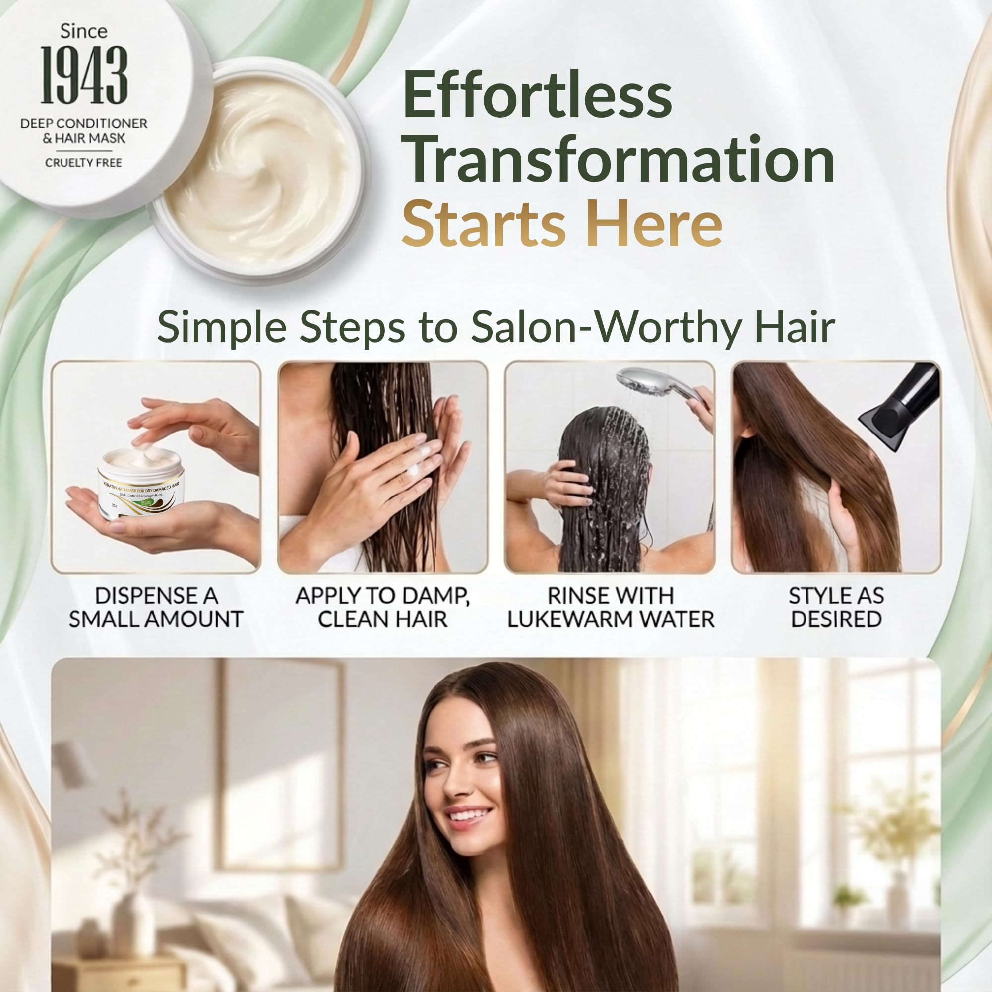 VITAMINS hair cosmetics Keratin Hair Mask - Protein Repair Keratin Treatment - Deep Conditioner for Dry, Damaged, Curly, Straight & Frizzy Hair with Biotin, Collagen & Castor Oil - 8. 5 Fl Oz detail image 4