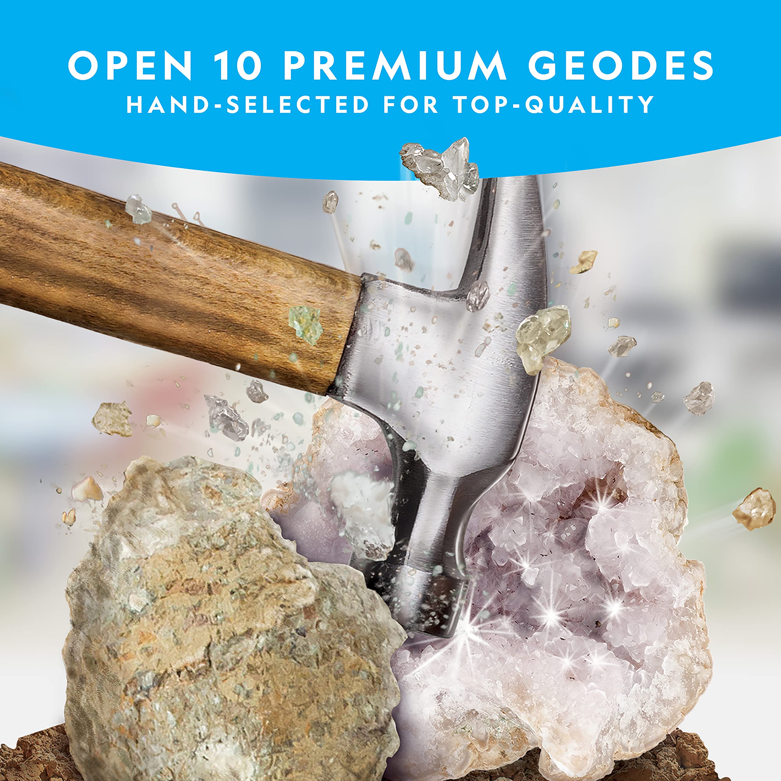 National Geographic Break Open 10 Premium Geodes – Includes Goggles & 2 Display Stands - Great STEM Science Kit, Geology Gift for Kids, Break Your Own Geodes with Crystals detail image 3