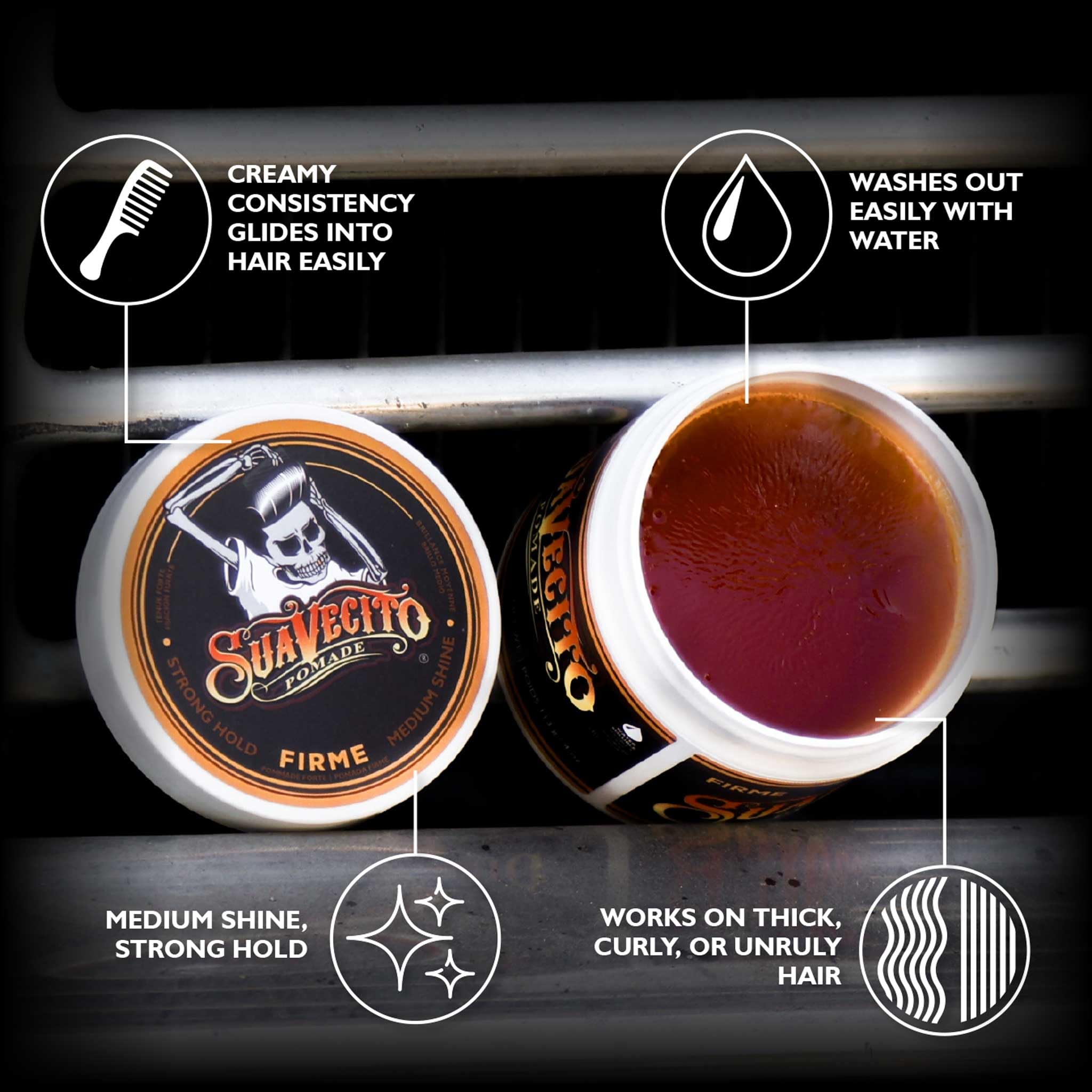 Suavecito Pomade Firme (Strong) Hold, 4 oz – Water-Soluble Pomade with Medium Shine detail image 3