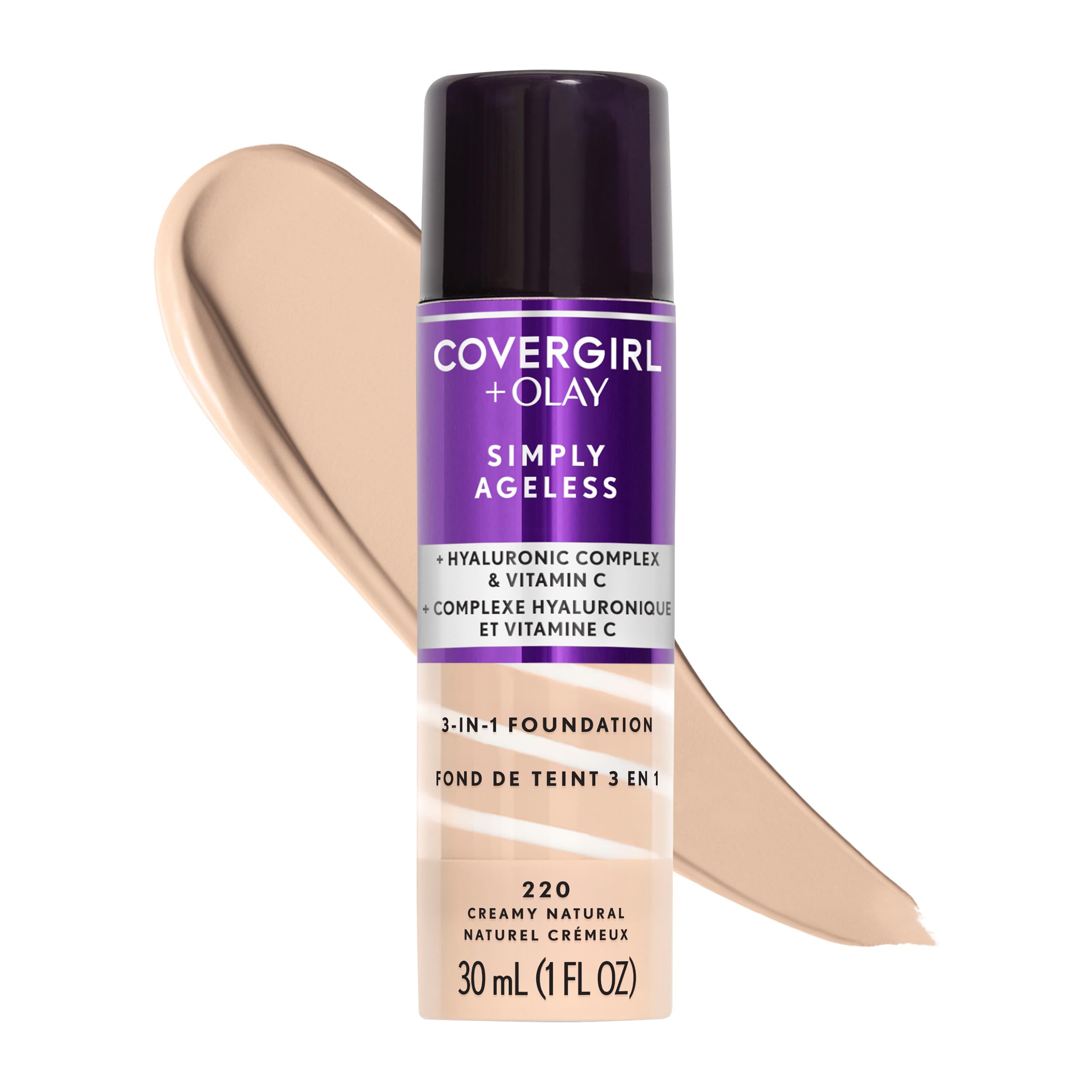 COVERGIRL & Olay Simply Ageless 3-in-1 Liquid Foundation, Matte Finish, Hyaluronic & Vitamin C, 220 Creamy Natural, 1 Count detail image 1