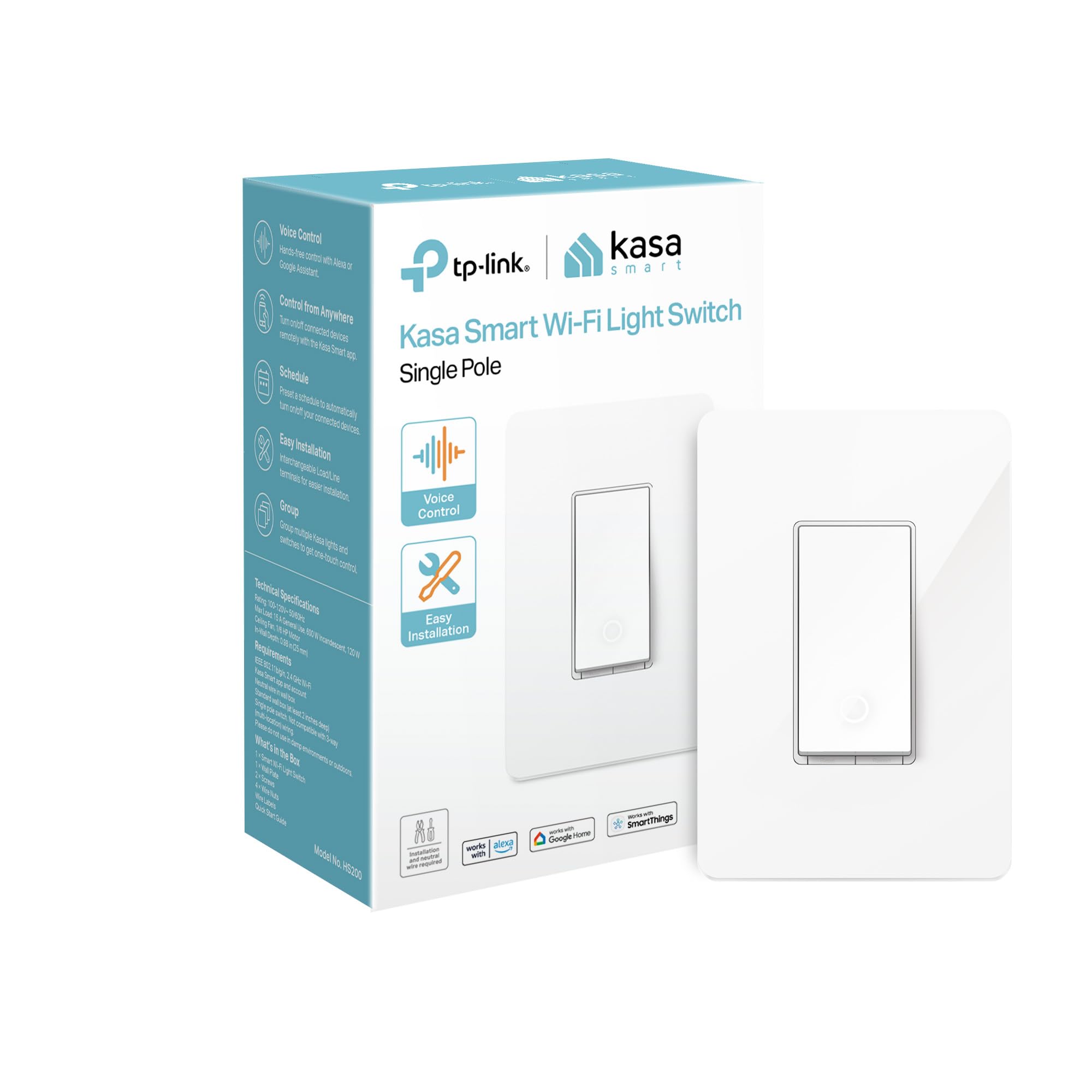 Kasa Smart Light Switch HS200, Single Pole, Needs Neutral Wire, 2.4GHz Wi-Fi Light Switch Works with Google Home, UL Certified, No Hub Required, White detail image 1