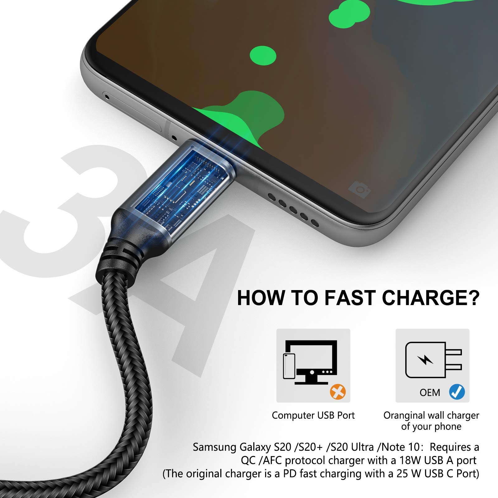 USB Type C Cable (5-Pack 3FT) - Nylon Braided Fast Charging for iPhone 15/16/17 & Samsung Galaxy Note S20 S10 S9 S8 Plus LG V50 V40 G8 G7 | Car Charger For iPhone | USB-A to USB-C | CarPlay Compatible detail image 3