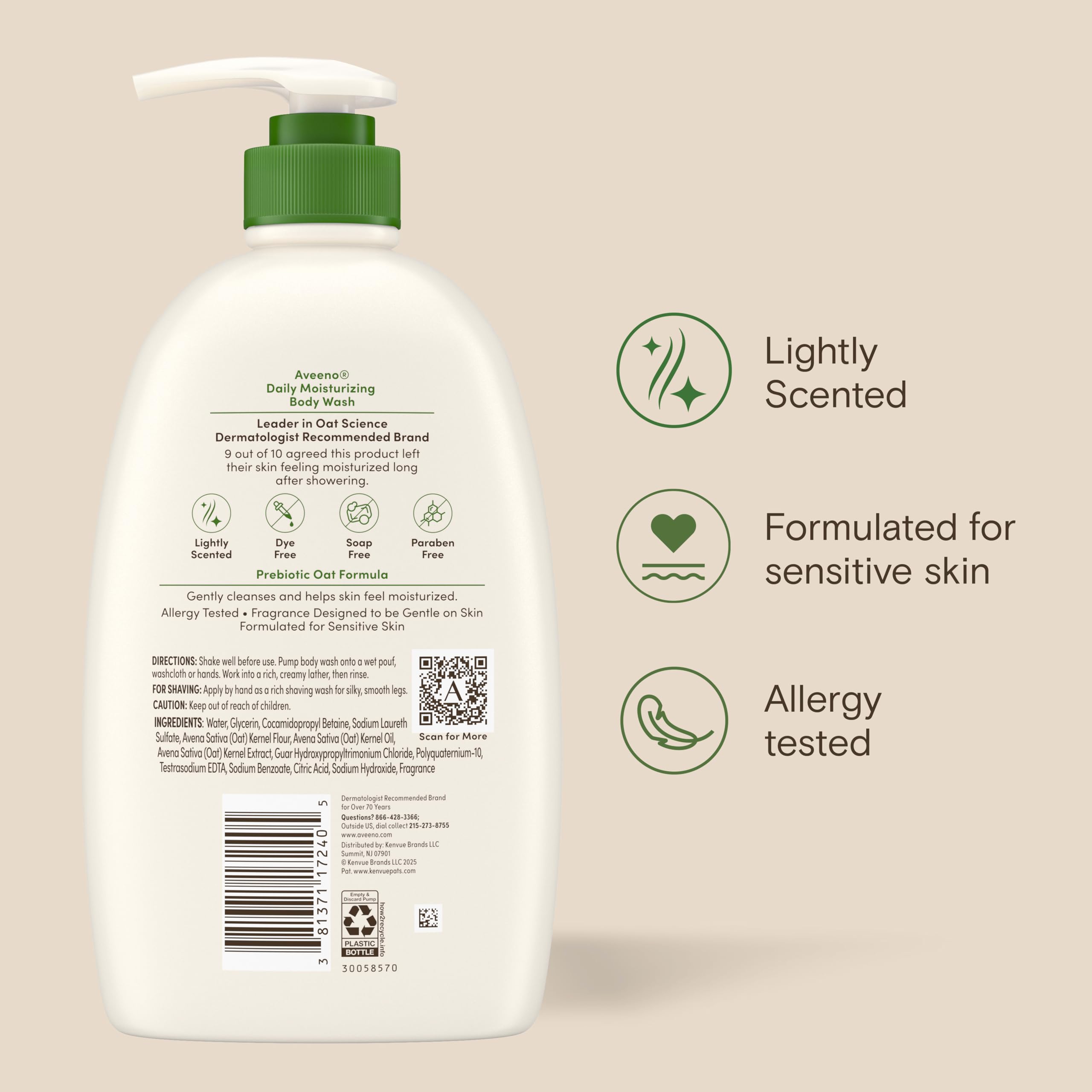 Aveeno Daily Moisturizing Body Wash for Normal to Dry Skin, Sensitive Formula with Prebiotic Oat, Gently Cleanses Dry Skin, Lightly Scented Body Wash for Women and Men, Value Size 33 fl. Oz detail image 9