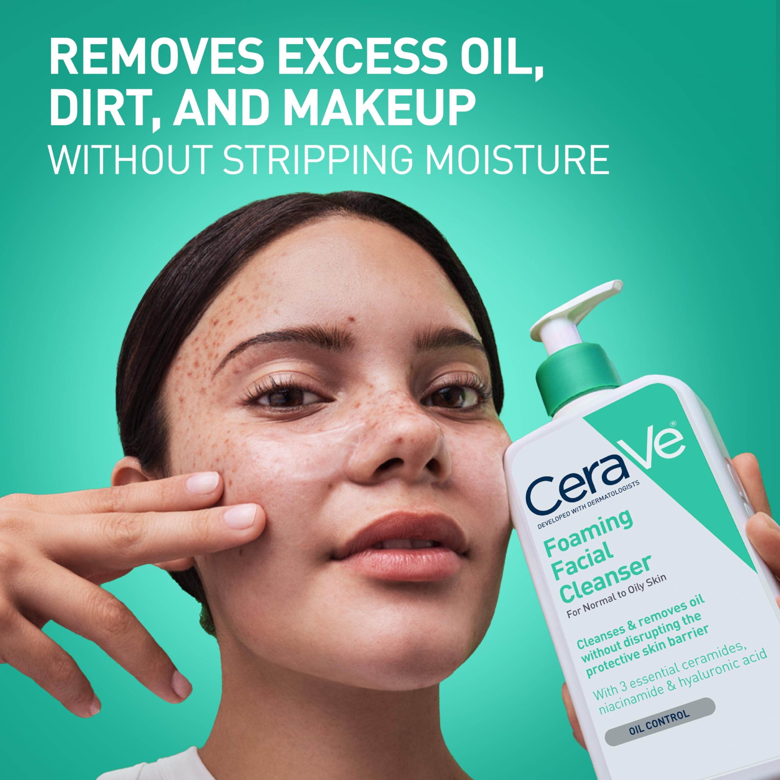 CeraVe Foaming Facial Cleanser, Daily Face Wash for Oily Skin, Hyaluronic Acid + Ceramides + Niacinamide, Fragrance Free, 16 fl oz detail image 2
