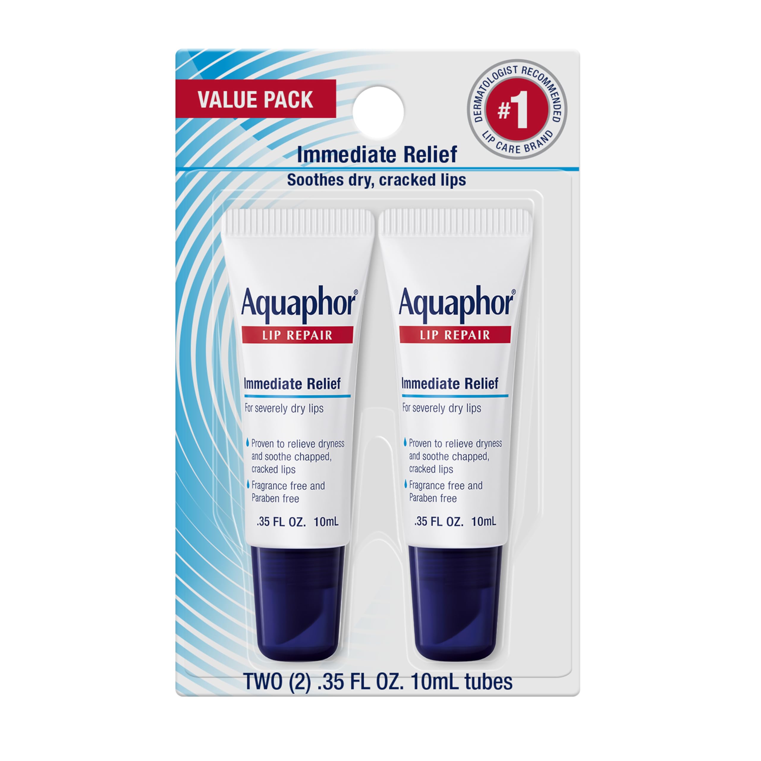 Aquaphor Lip Repair Ointment, Value Pack, 2 x 0. 35 fl oz | Lip Balm Moisturizer with Vitamins and Shea Butter, Immediate Relief for Severely Dry Lips, Paraben & Fragrance Free detail image 1