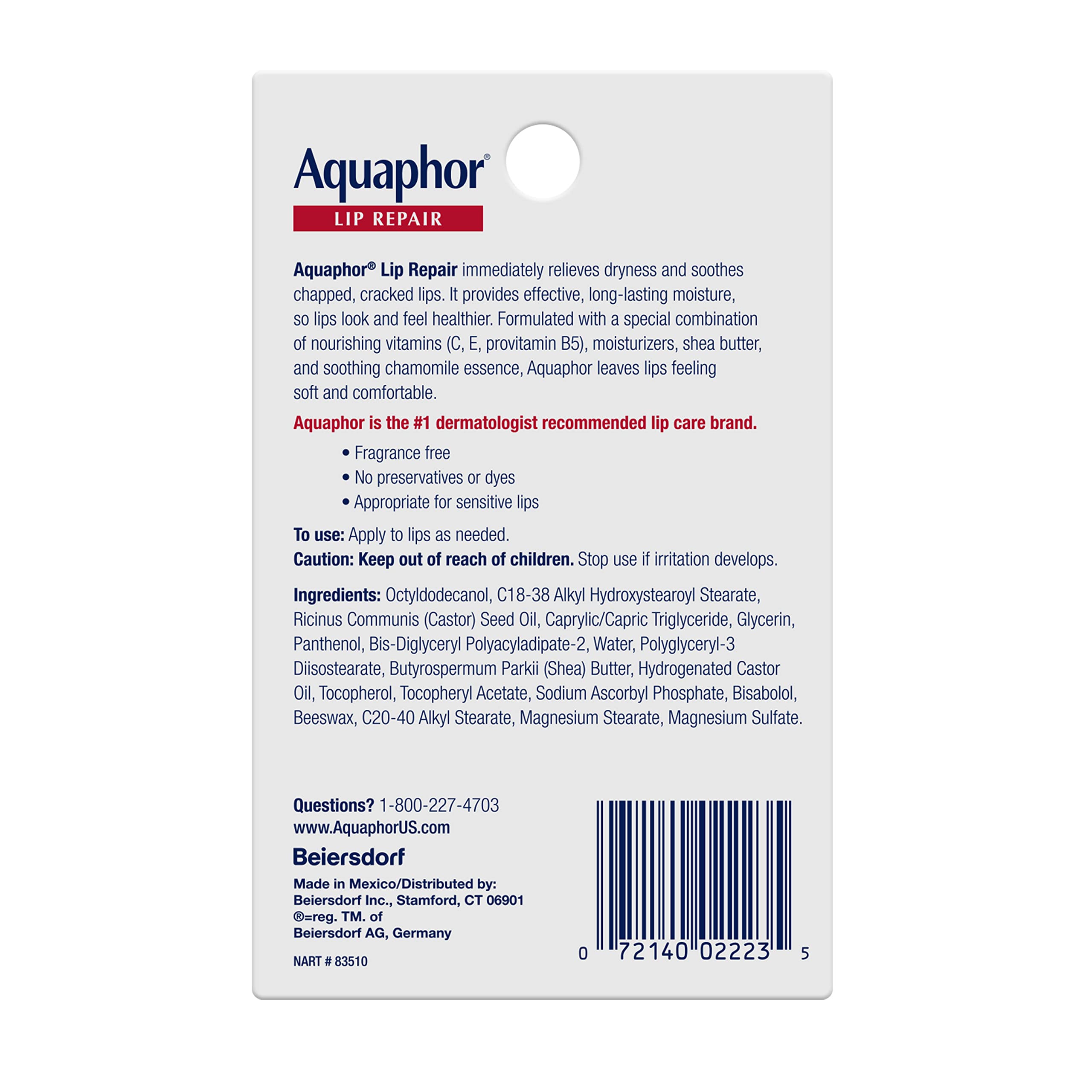 Aquaphor Lip Repair Ointment, Value Pack, 2 x 0. 35 fl oz | Lip Balm Moisturizer with Vitamins and Shea Butter, Immediate Relief for Severely Dry Lips, Paraben & Fragrance Free detail image 9