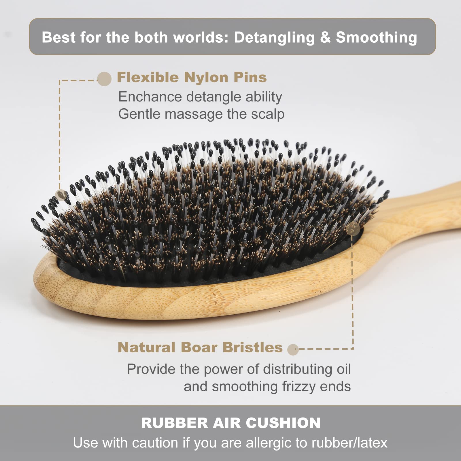 BESTOOL Hair Brush-Boar Bristle Hair Brushes Natural Bamboo Wooden Cushion Massage Anti Static Large Paddle Hairbrush for Women Men and Kid (Round) detail image 2