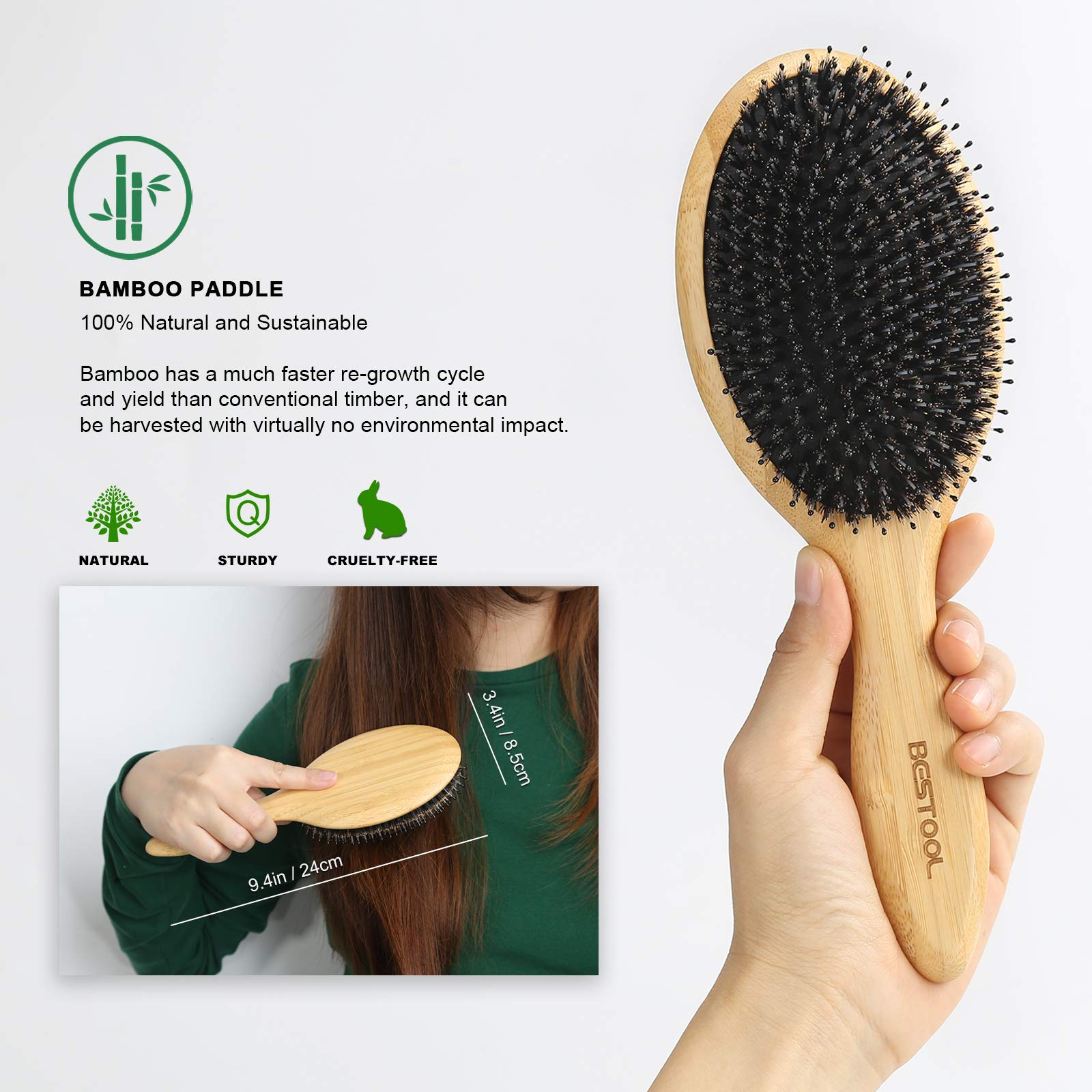 BESTOOL Hair Brush-Boar Bristle Hair Brushes Natural Bamboo Wooden Cushion Massage Anti Static Large Paddle Hairbrush for Women Men and Kid (Round) detail image 3