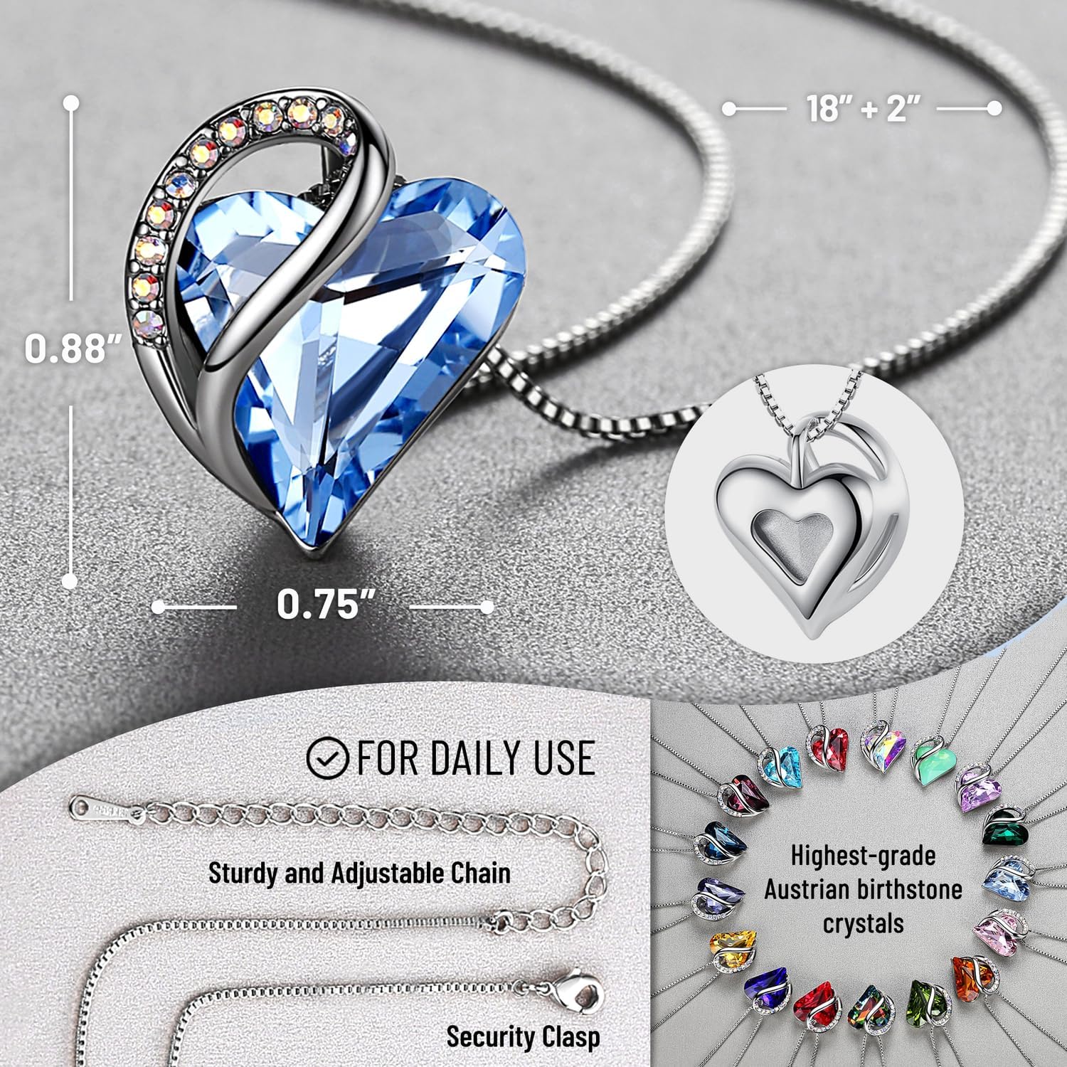 Leafael Gift Necklaces for Women, Infinity Love Birthstone Heart Crystal Pendant, Birthday Anniversary Jewelry for Wife, Mom, and Her, Silver Plated, 18" + 2" Adjustable Chain detail image 3