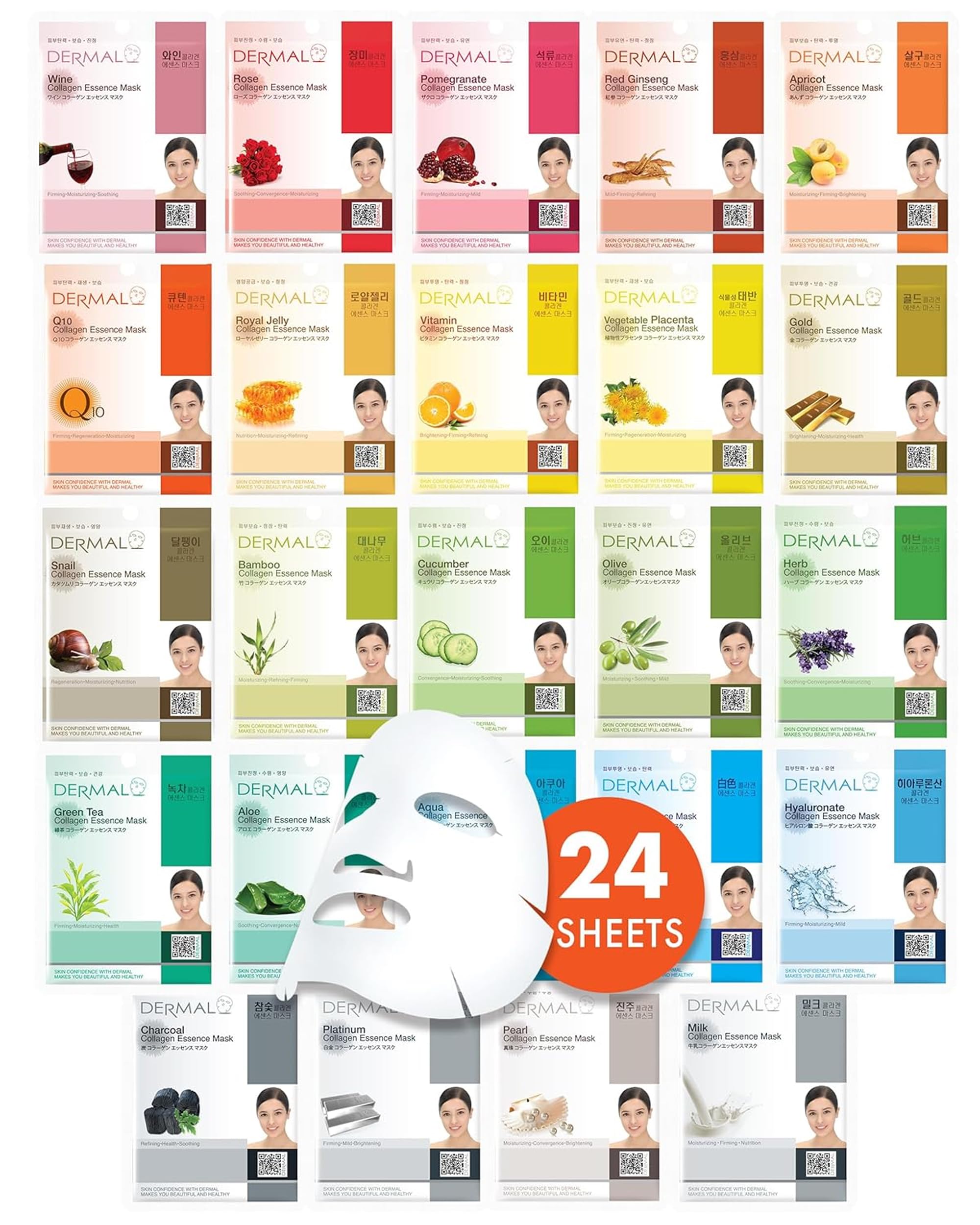 DERMAL 24 Combo Korean Essence Sheet Mask Variety Pack - Collagen, Hyaluronic, Vitamin, Snail, Aloe, Green Tea, Pearl, Charcoal & More detail image 1