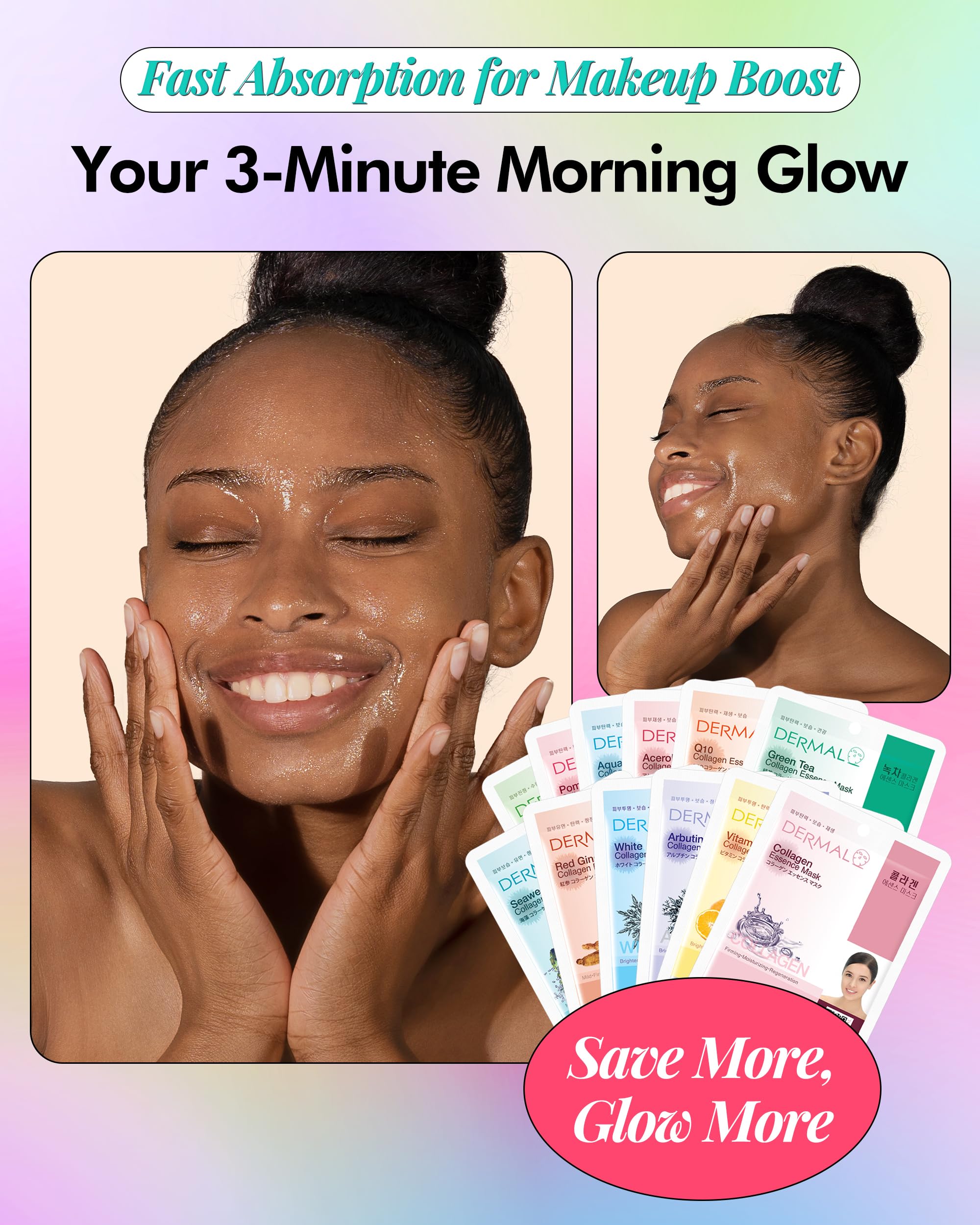 DERMAL 24 Combo Korean Essence Sheet Mask Variety Pack - Collagen, Hyaluronic, Vitamin, Snail, Aloe, Green Tea, Pearl, Charcoal & More detail image 3
