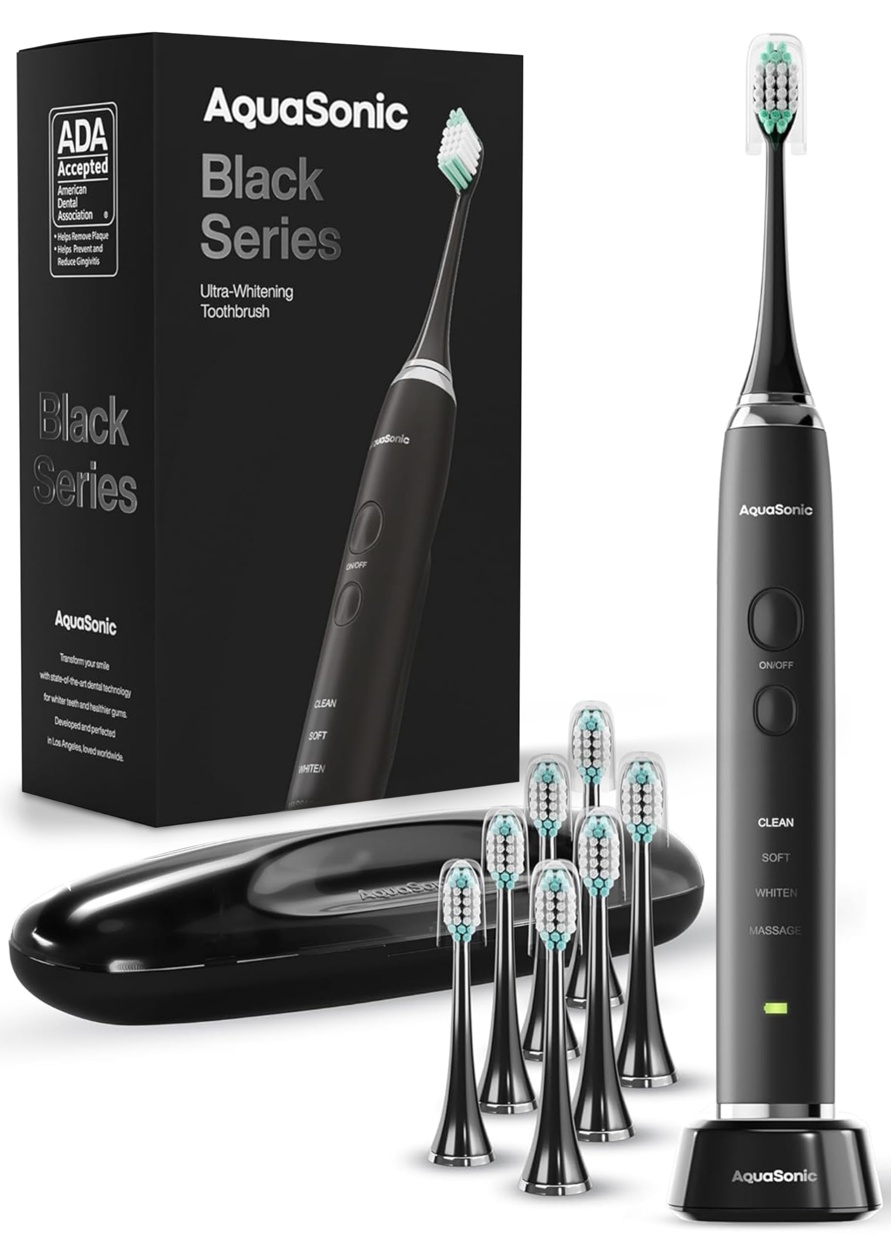 Aquasonic Black Series Ultra Whitening Toothbrush – ADA Accepted Electric Toothbrush- 8 Brush Heads & Travel Case – 40,000 VPM Electric Motor & Wireless Charging - 4 Modes w Smart Timer detail image 1