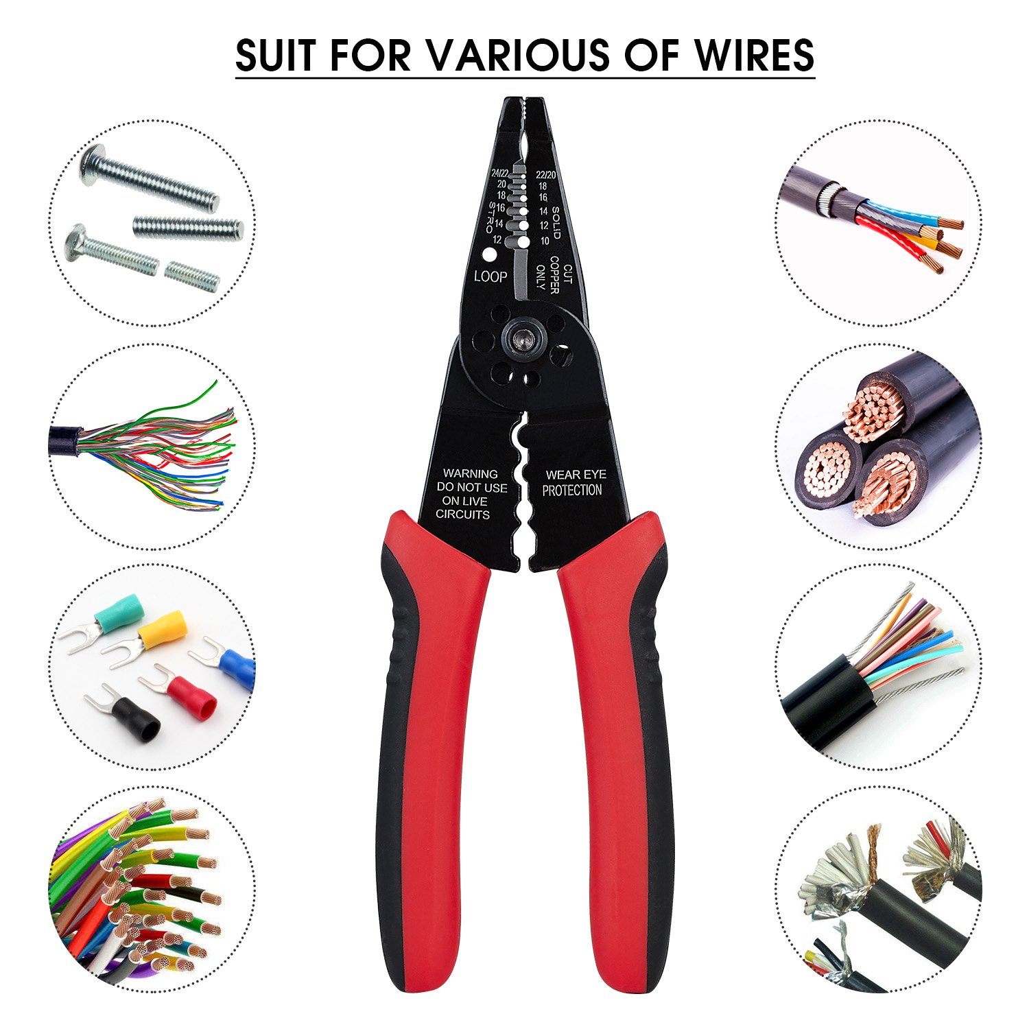 WGGE WG-015 8" Professional Wire Stripper, Crimper and Cable Cutter, Red/Black detail image 4