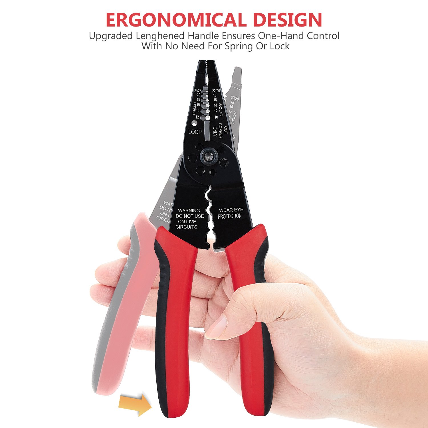 WGGE WG-015 8" Professional Wire Stripper, Crimper and Cable Cutter, Red/Black detail image 3