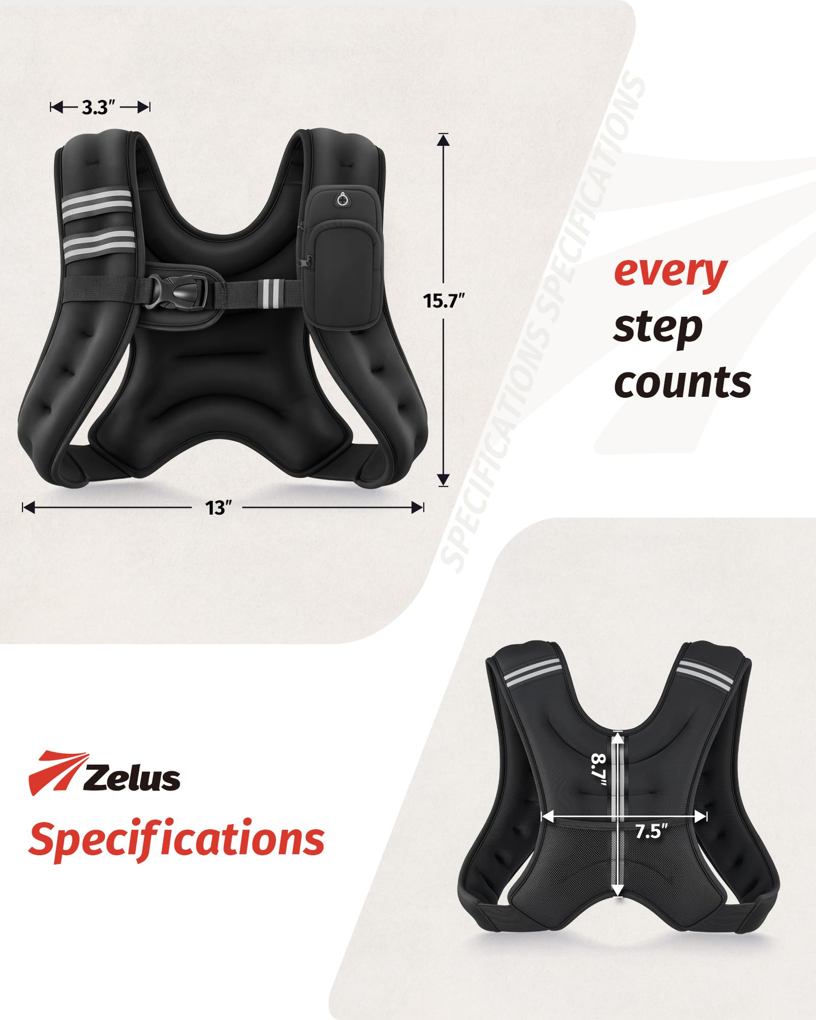 ZELUS Weighted Vest — Adjustable 6/8/12/16/20/25/30 lb with Reflective Stripe and Storage Pockets detail image 8