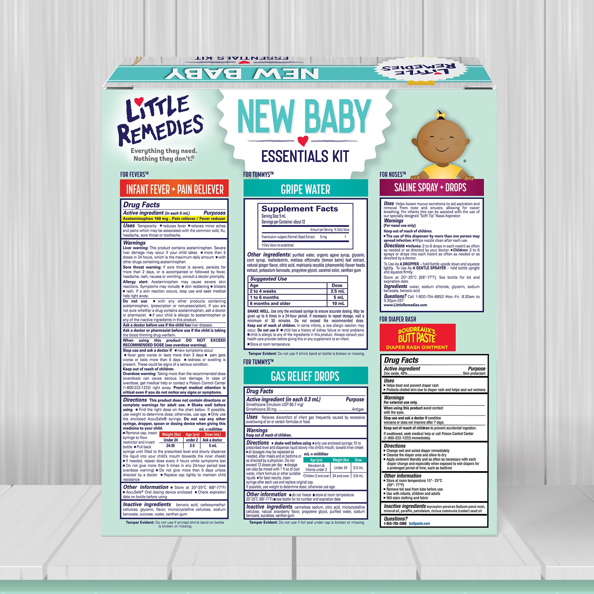 Little Remedies New Baby Essentials Kit — Saline Nasal Spray & Drops, Nasal Aspirator, Gas Relief Drops, Acetaminophen Infant Fever & Pain Relief, Gripe Water, Boudreaux’s Butt Paste detail image 7