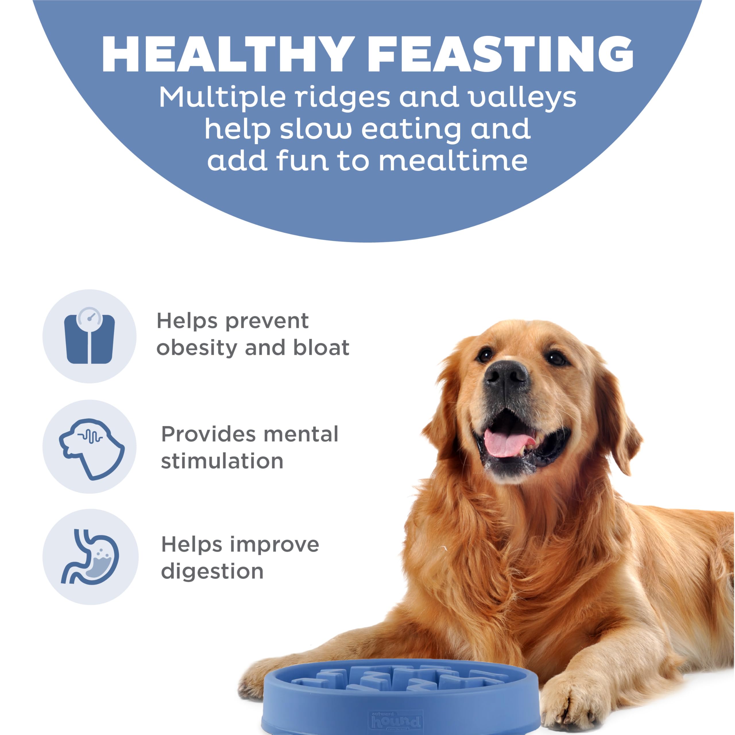 Outward Hound Fun Feeder Slo Bowl – Large 4‑Cup Capacity, Slow Feeding, Medium to Large Dogs, Non‑Slip, Blue, Notch Pattern detail image 2
