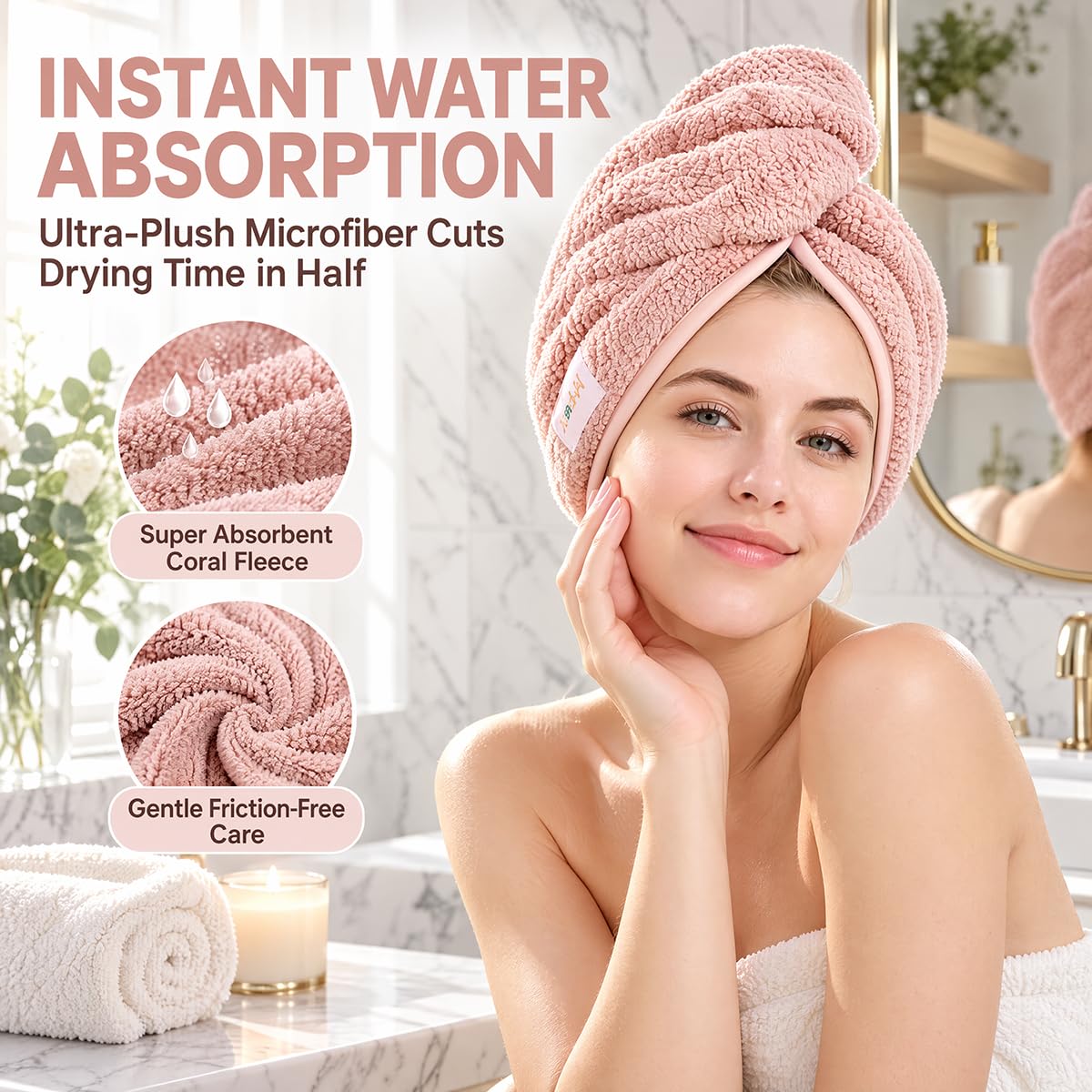 M-bestl 2 Pack Microfiber Hair Towel Wrap with Button,Quick Dry(Pink&Beige) detail image 4