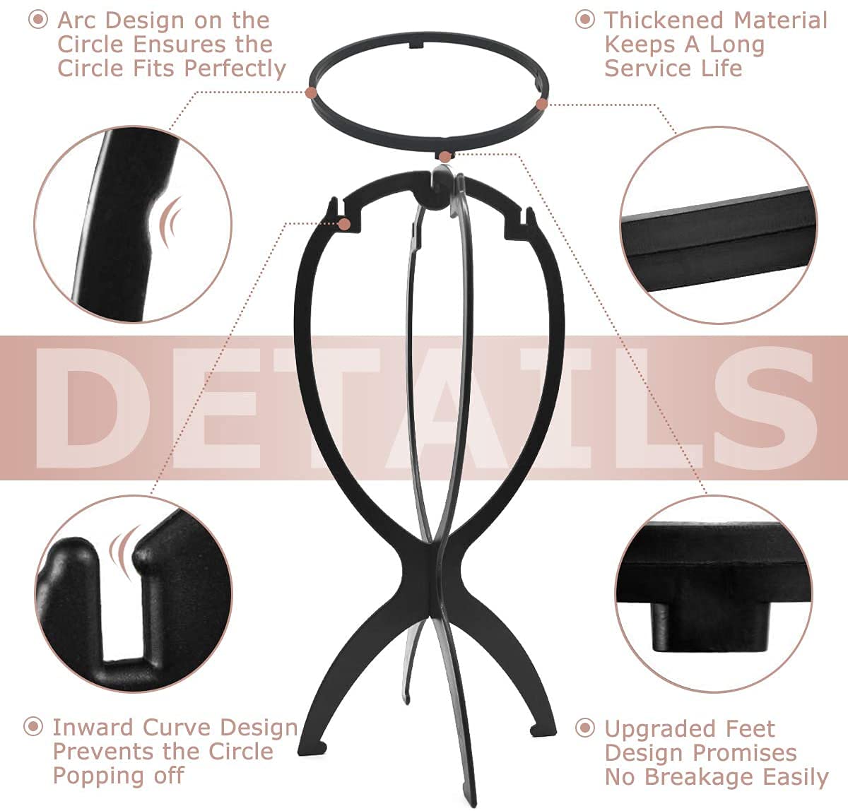 Dreamlover Wig Stand for Short Wigs, Collapsible Wig Holder, Black, 3 Pack detail image 5
