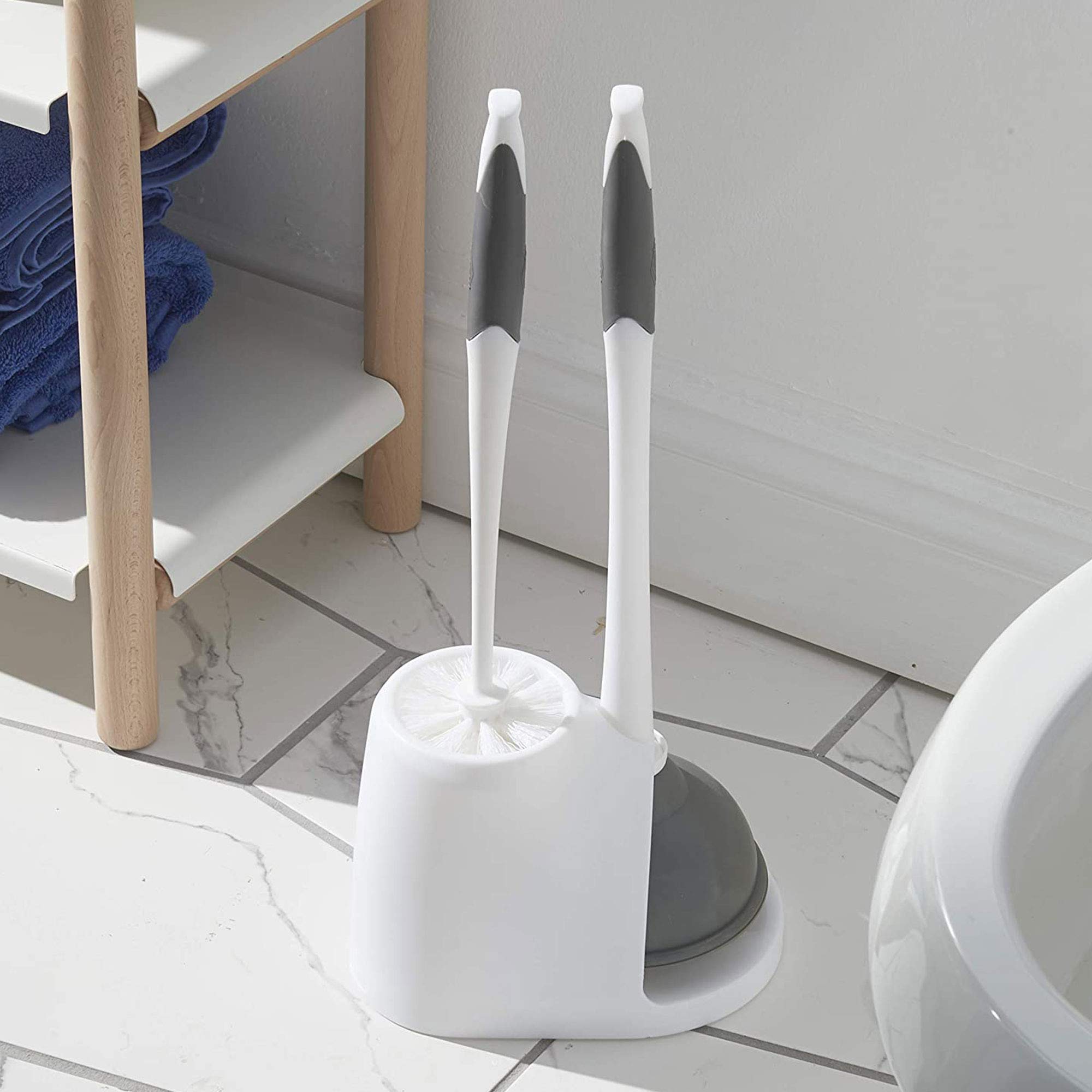 Clorox Toilet Plunger and Brush Bowl Set with Holder Caddy Storage for Cleaning Bathroom and Unclogging Toilets, White and Gray detail image 5