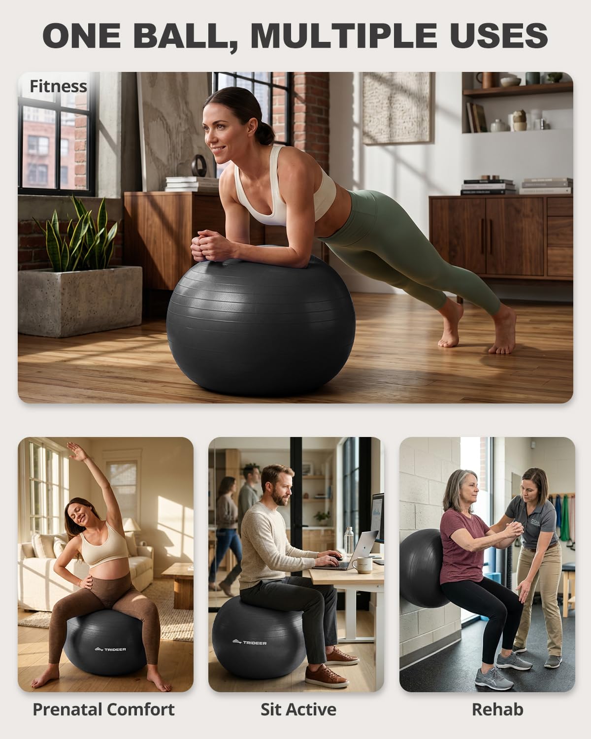 Trideer Yoga Ball for Exercise, Pilates, Core & Balance Training, Stability Ball for Pregnancy & Birthing Prep, Physical Therapy, Daily Stretching, Office Chair for Active Sitting, Quick Pump Included detail image 2