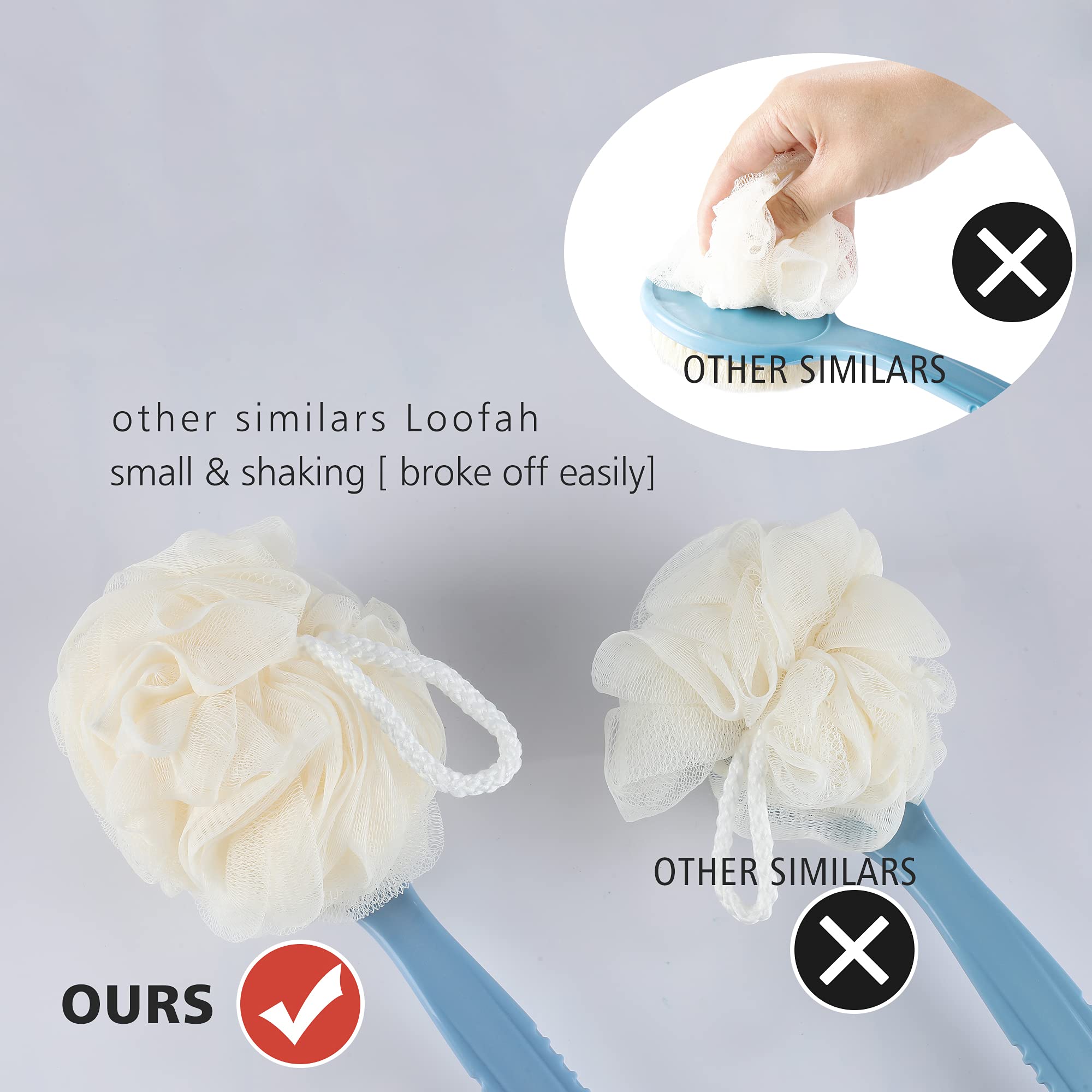 Shower Body Brush Bristles & Mesh Loofah Sponge,Curved Handle Back Scrubber detail image 3