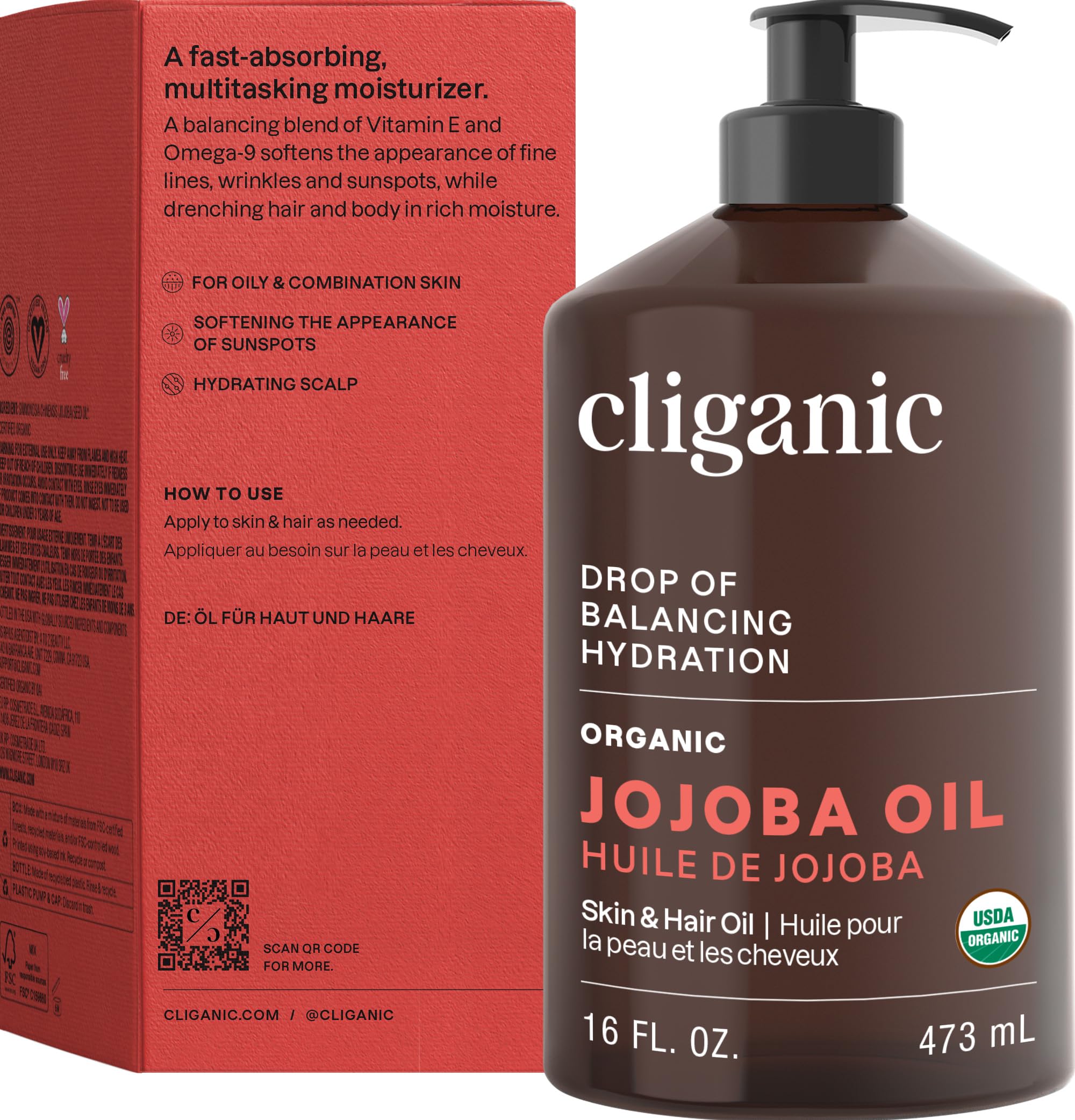 Cliganic Organic Jojoba Oil 16 oz — 100% Pure Cold-Pressed Unrefined Hexane-Free Carrier Oil for Hair, Face & Body detail image 9