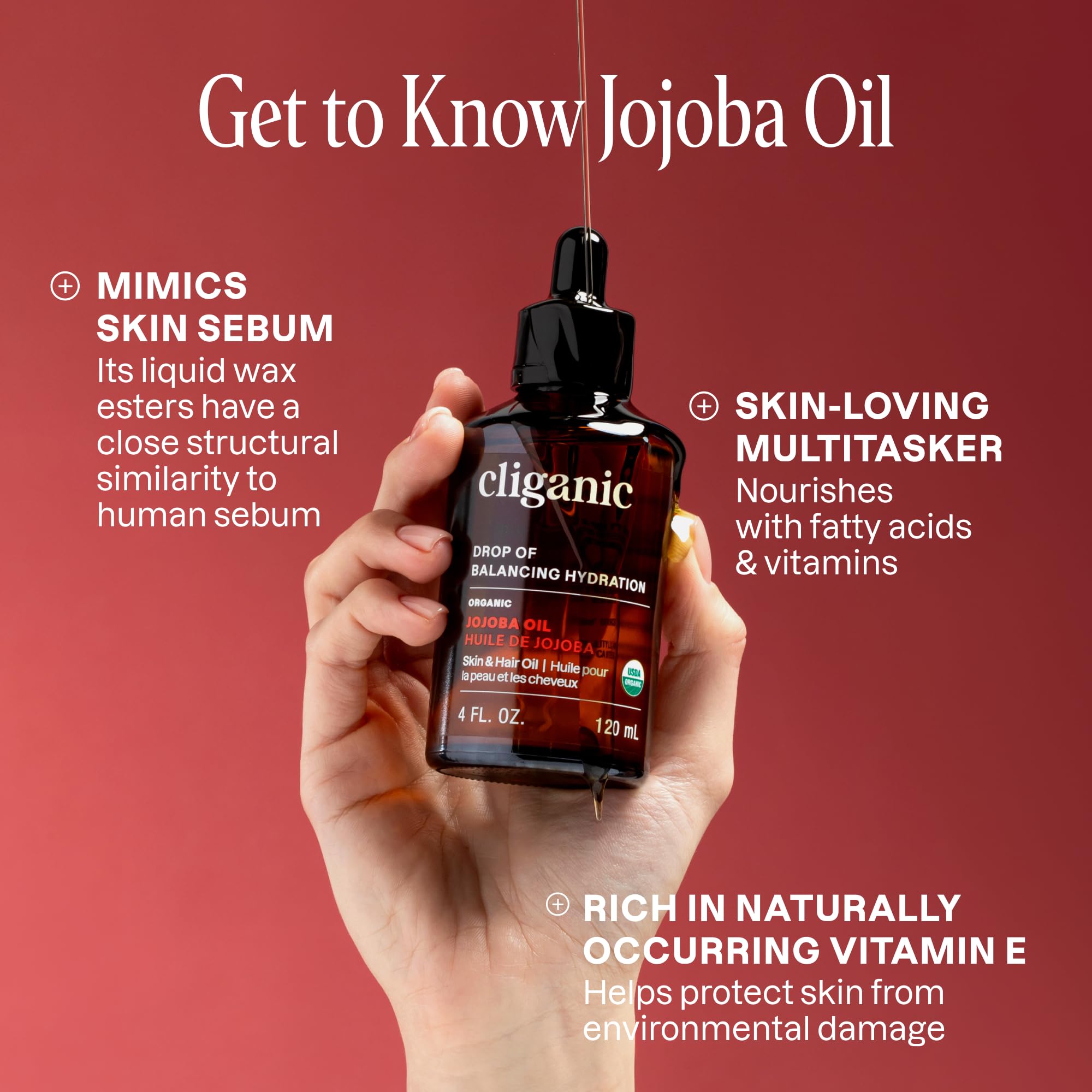 Cliganic Organic Jojoba Oil 16 oz — 100% Pure Cold-Pressed Unrefined Hexane-Free Carrier Oil for Hair, Face & Body detail image 4