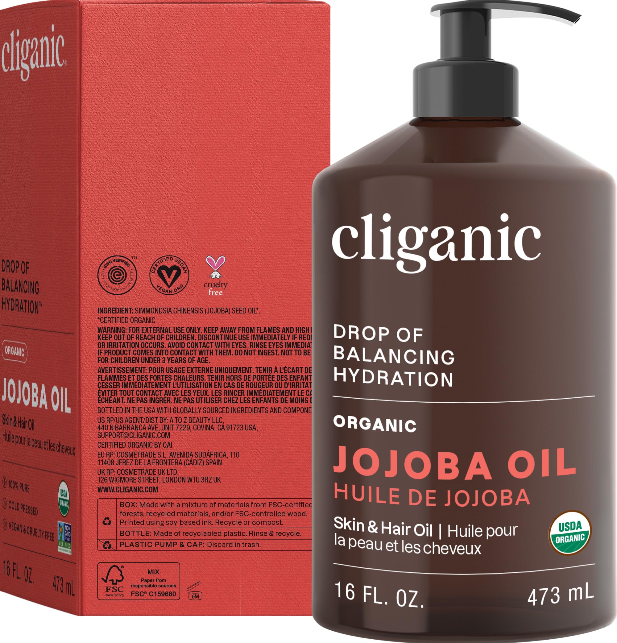 Cliganic Organic Jojoba Oil 16 oz — 100% Pure Cold-Pressed Unrefined Hexane-Free Carrier Oil for Hair, Face & Body detail image 8