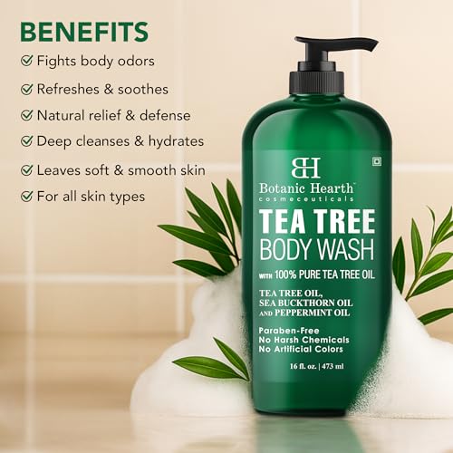 Botanic Hearth Tea Tree Body Wash, 16 fl oz (473 ml) — Enriched with Tea Tree Oil, Peppermint & Sea Buckthorn, Sulfate- and Paraben-Free detail image 9