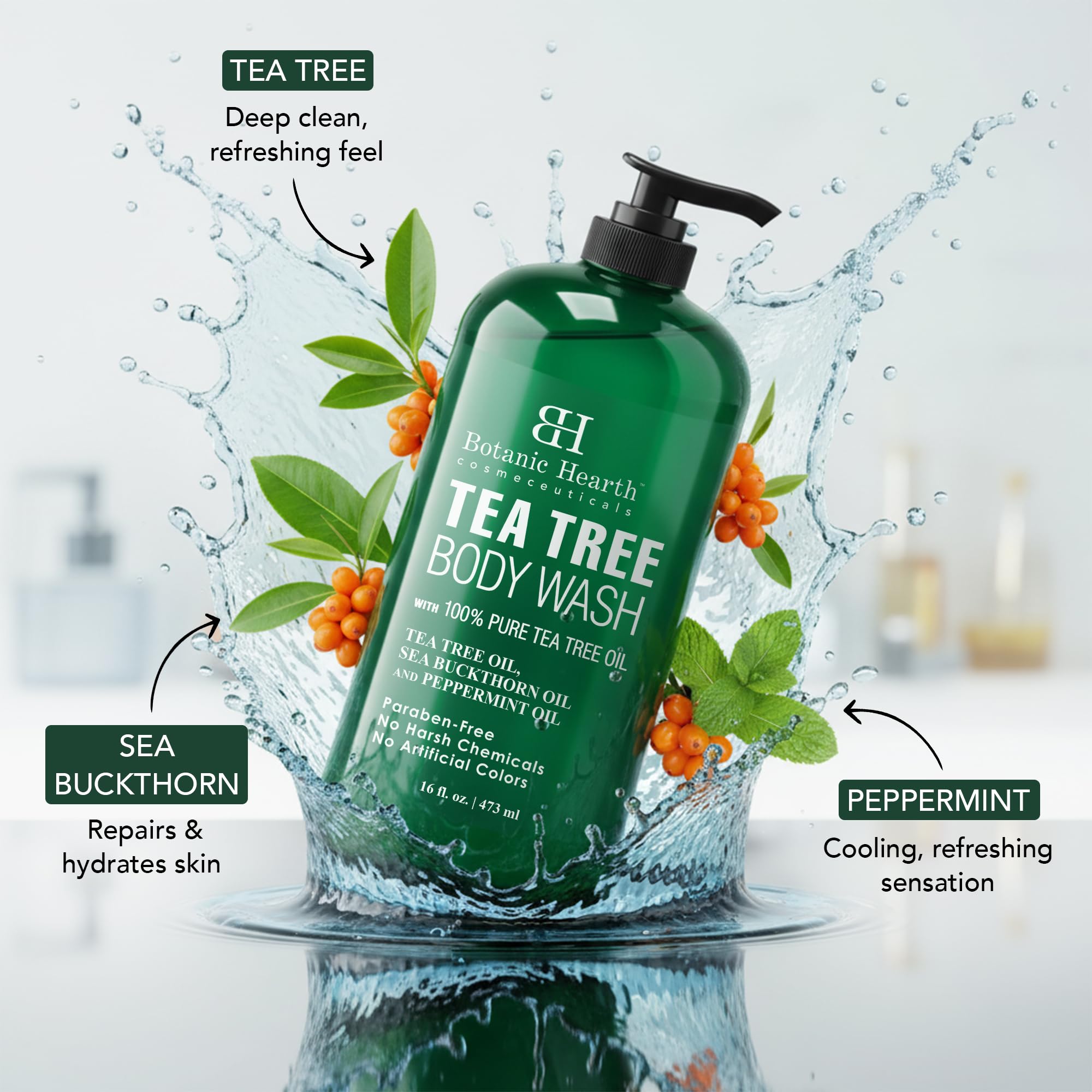 Botanic Hearth Tea Tree Body Wash, 16 fl oz (473 ml) — Enriched with Tea Tree Oil, Peppermint & Sea Buckthorn, Sulfate- and Paraben-Free detail image 3