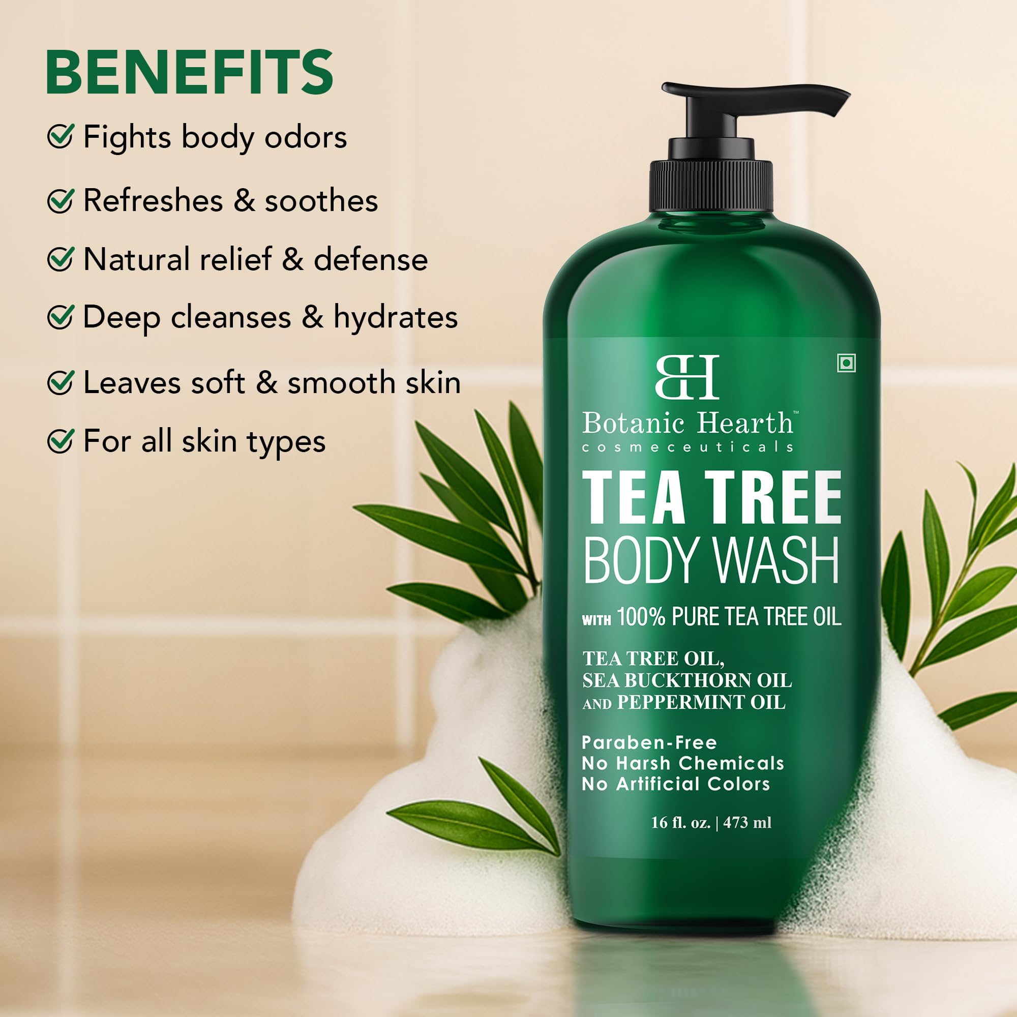 Botanic Hearth Tea Tree Body Wash, 16 fl oz (473 ml) — Enriched with Tea Tree Oil, Peppermint & Sea Buckthorn, Sulfate- and Paraben-Free detail image 2