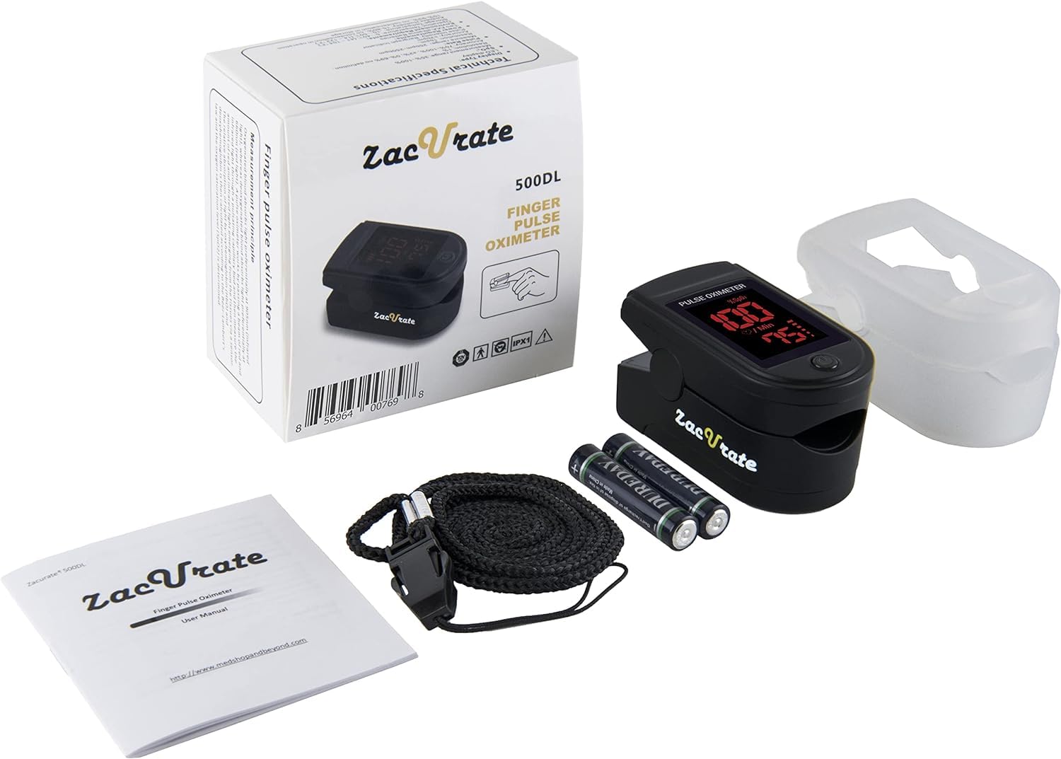 Zacurate 500 Series Fingertip Pulse Oximeter with Silicone Cover, Batteries and Lanyard, Royal Black detail image 5